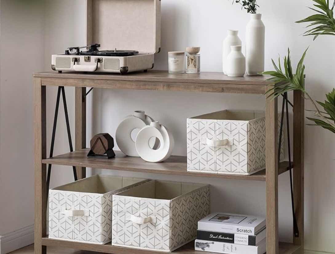 Photo 1 of STORAGEWORKS 3-PACK STORAGE BINS/BASKETS W HANDLES, WHITE/GREY PUTLINED SQUARE PATTERN