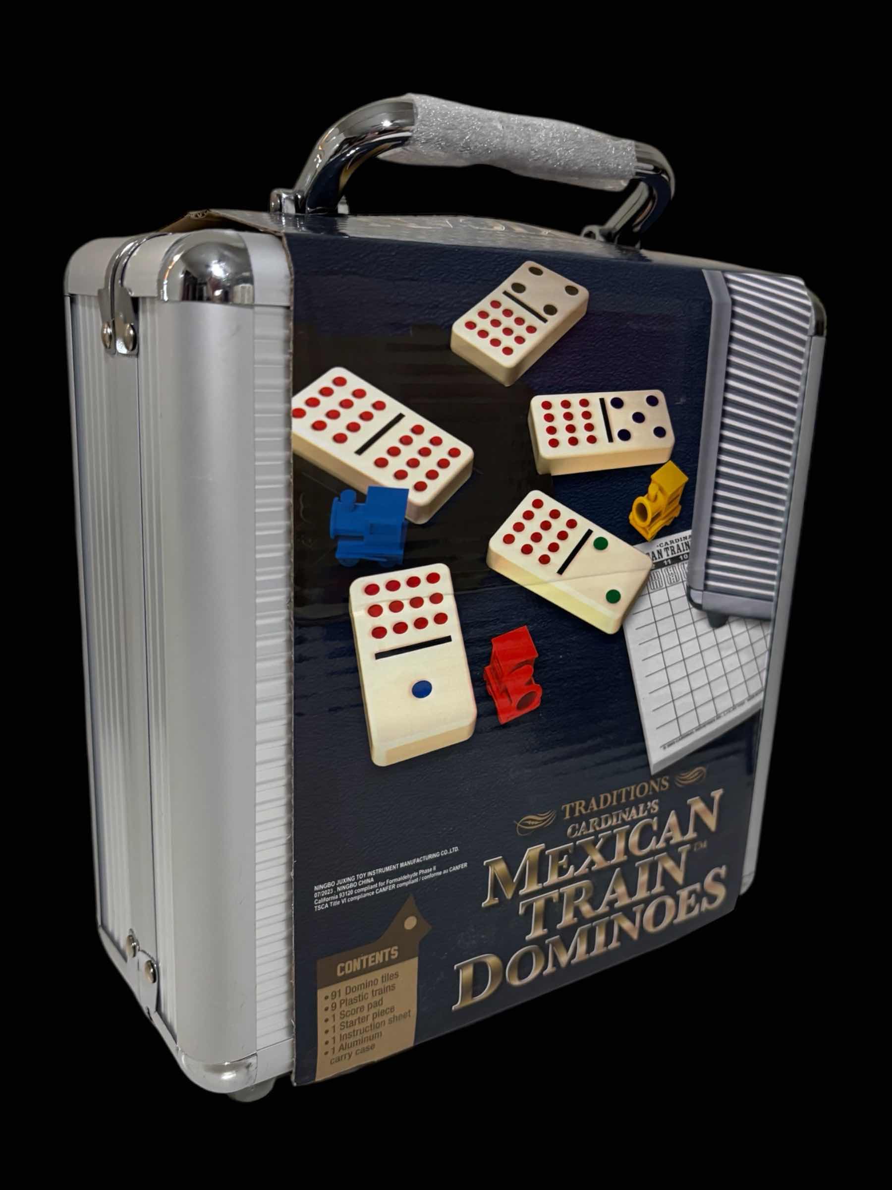 Photo 1 of SPIN MASTER GAMES MEXICAN TRAIN DOMINOES SET TILE BOARD GAME IN ALUMINUM CARRY CASE