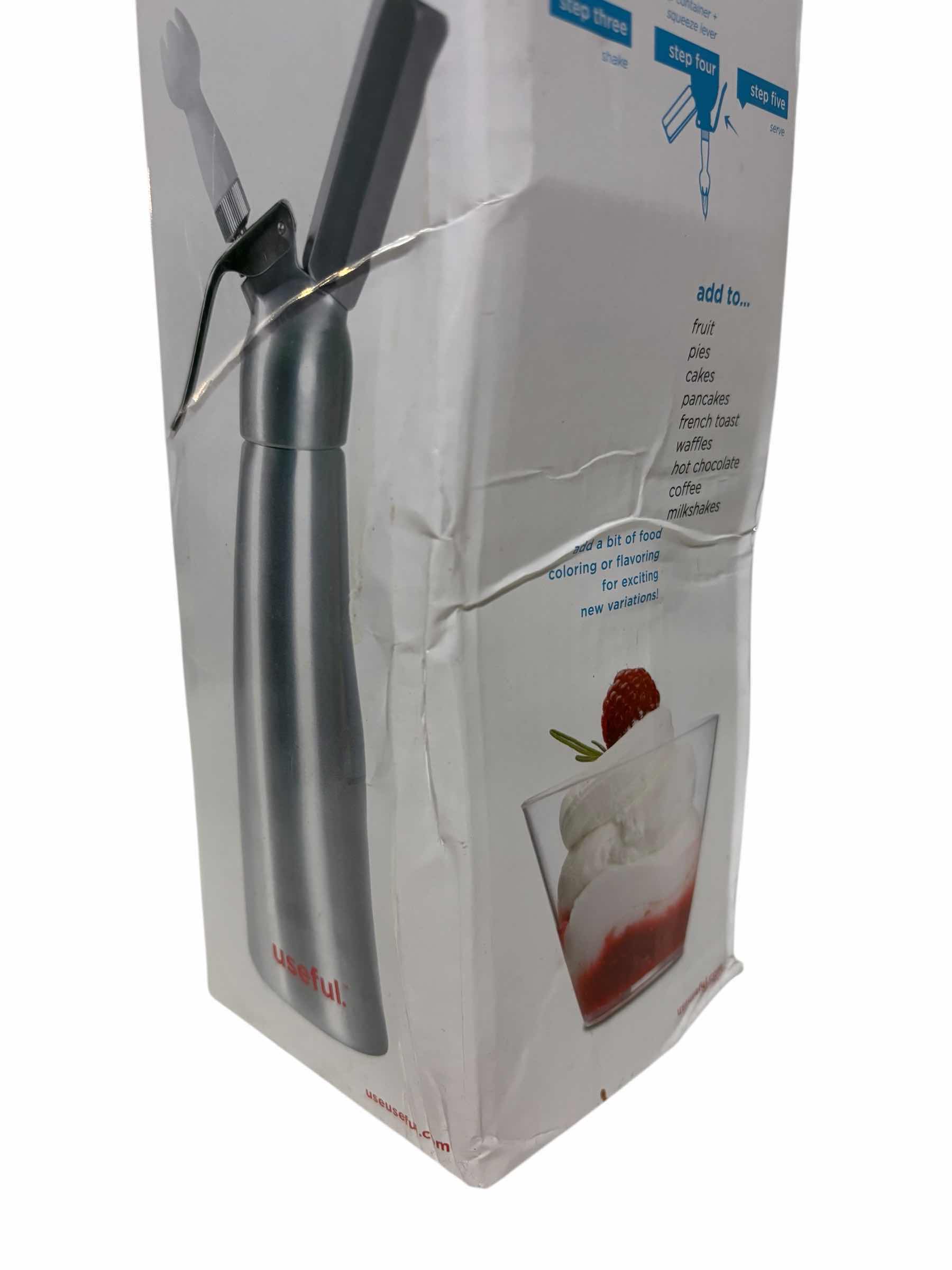 Photo 1 of USEFUL PRODUCT STAINLESS STEEL CREAM WHIPPER W 3 DECORATIVE NOZZLES, CLEANING BRUSH, CARTRIDGE COVER & CONTAINER BASE