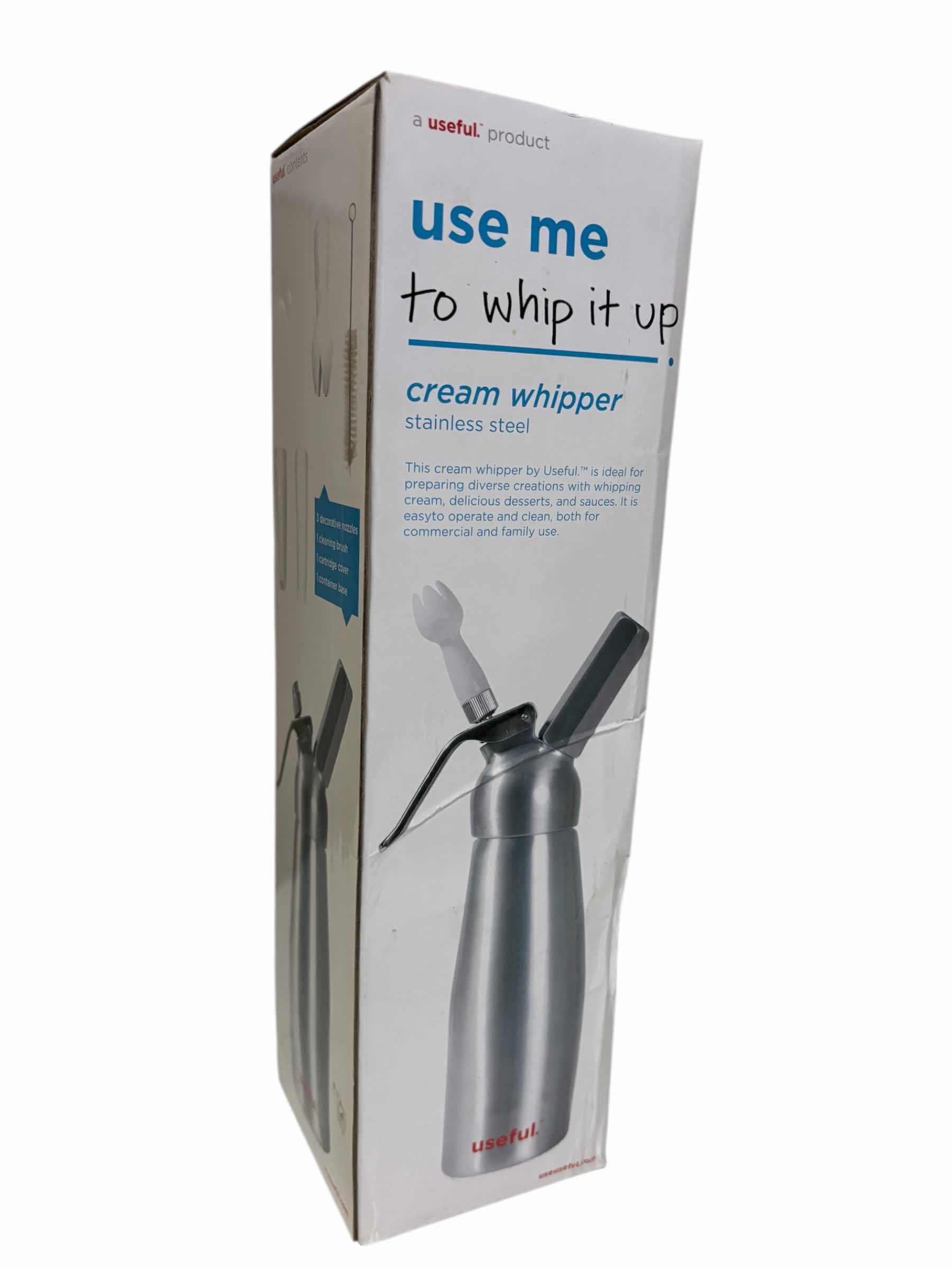 Photo 1 of USEFUL PRODUCT STAINLESS STEEL CREAM WHIPPER W 3 DECORATIVE NOZZLES, CLEANING BRUSH, CARTRIDGE COVER & CONTAINER BASE