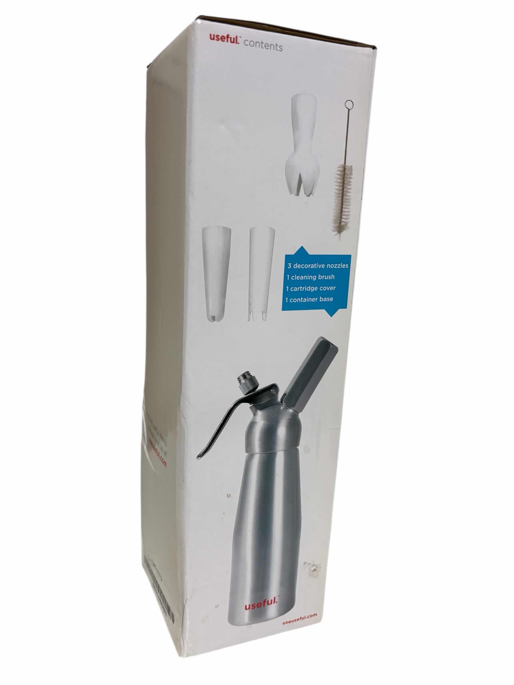 Photo 1 of USEFUL PRODUCT STAINLESS STEEL CREAM WHIPPER W 3 DECORATIVE NOZZLES, CLEANING BRUSH, CARTRIDGE COVER & CONTAINER BASE