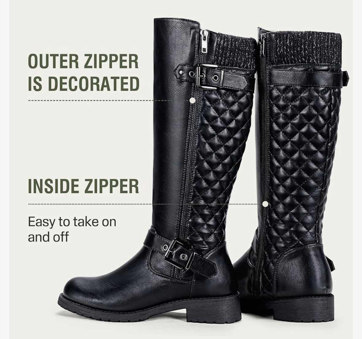 Photo 1 of JEOSSY KNEE HIGH RIDING BOOTS W KNITTED WOOL TOP, METAL BUCKLES & ZIPPER, WIDE CALF/WIDTH, BLACK WOMENS SIZE 8.5