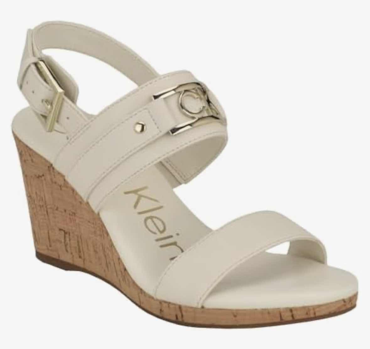Photo 1 of CALVIN KLEIN BOMEGA WEDGE SANDALS W BUCKLE STRAPS, WHITE W GOLD ACCENTS WOMENS SIZE 8.5