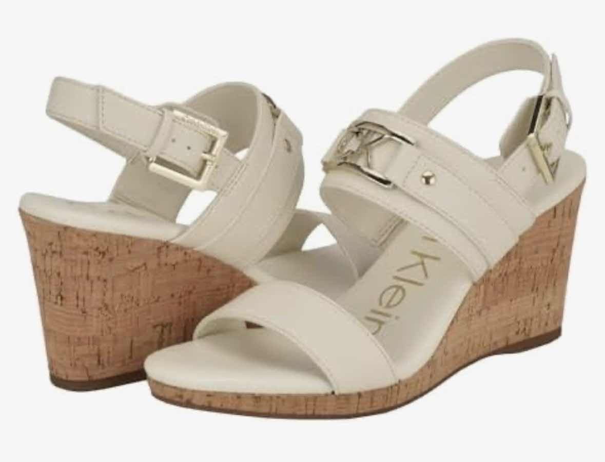Photo 1 of CALVIN KLEIN BOMEGA WEDGE SANDALS W BUCKLE STRAPS, WHITE W GOLD ACCENTS WOMENS SIZE 8.5