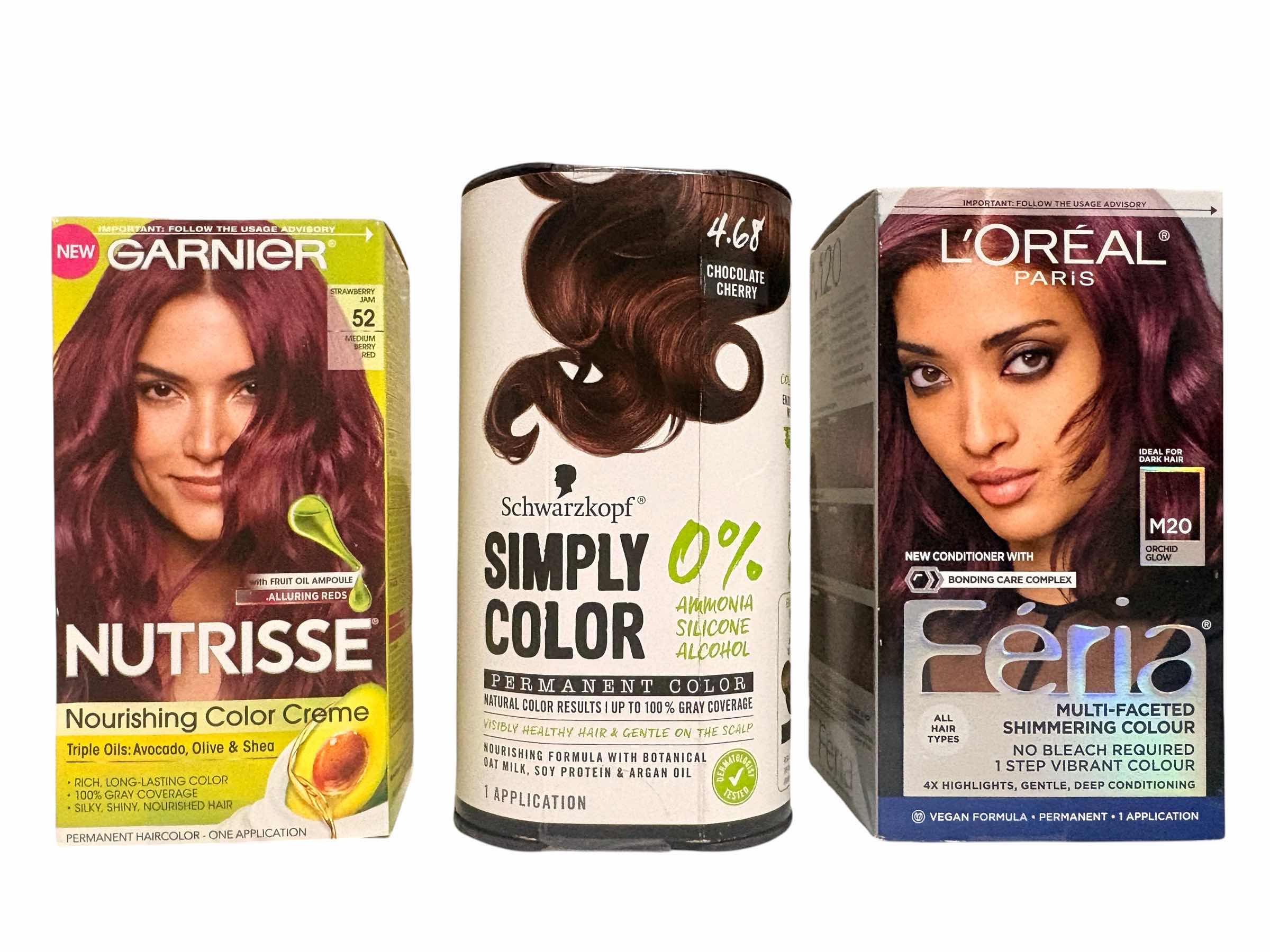 Photo 1 of GARNIER MEDIUM BERRY BLAST, SCHWARZKOPF CHOCOLATE CHERRY & LOREAL ORCHID GLOW PERMANENT HAIR DYES