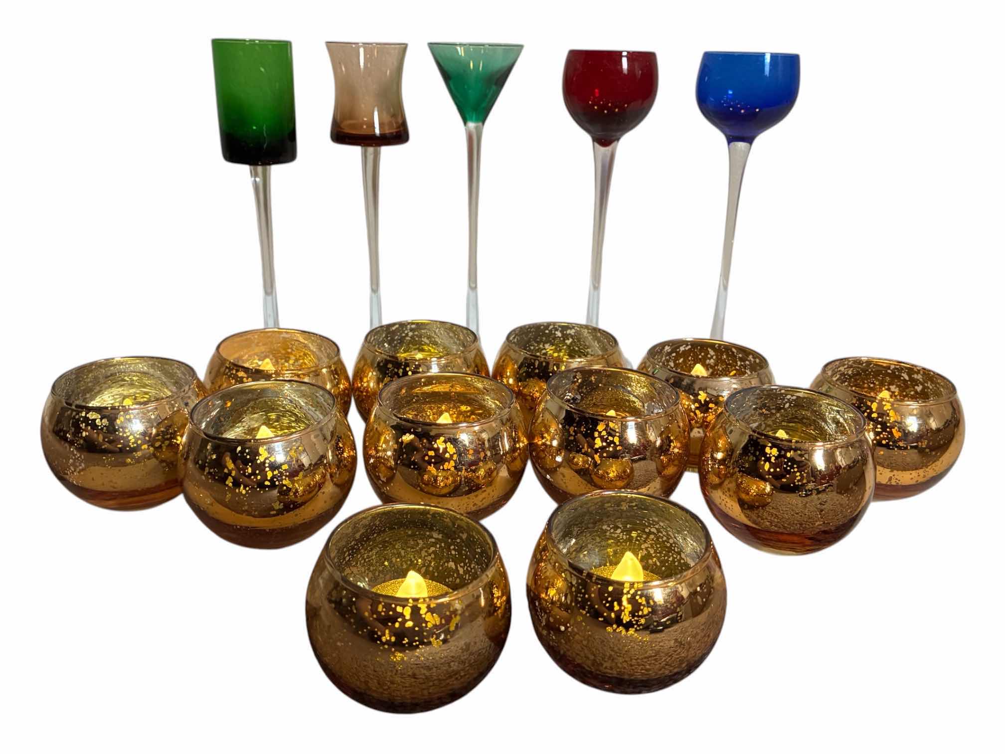 Photo 1 of HOME ESSENTIALS COLORED GLASS CANDLE HOLDERS (5) H7” & GOLD METALLIC FINISH GLASS CANDLE HOLDERS (12) H2.25”