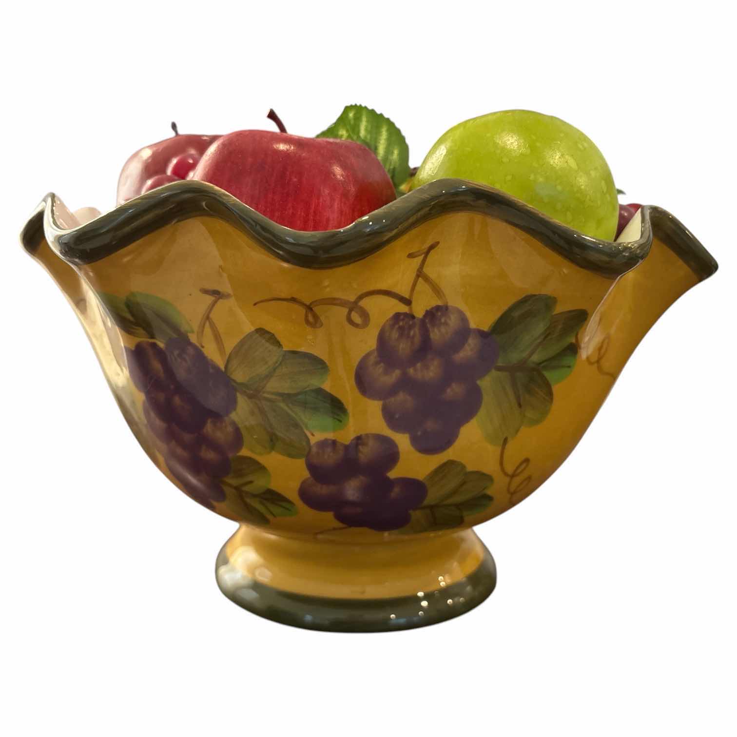 Photo 1 of VINTAGE CASA VERO BY ACK RUFFLE RIMMED LARGE FRUIT BOWL W HAND-PAINTED GRAPE PATTERN 11.5” X 11.5” H6.5”