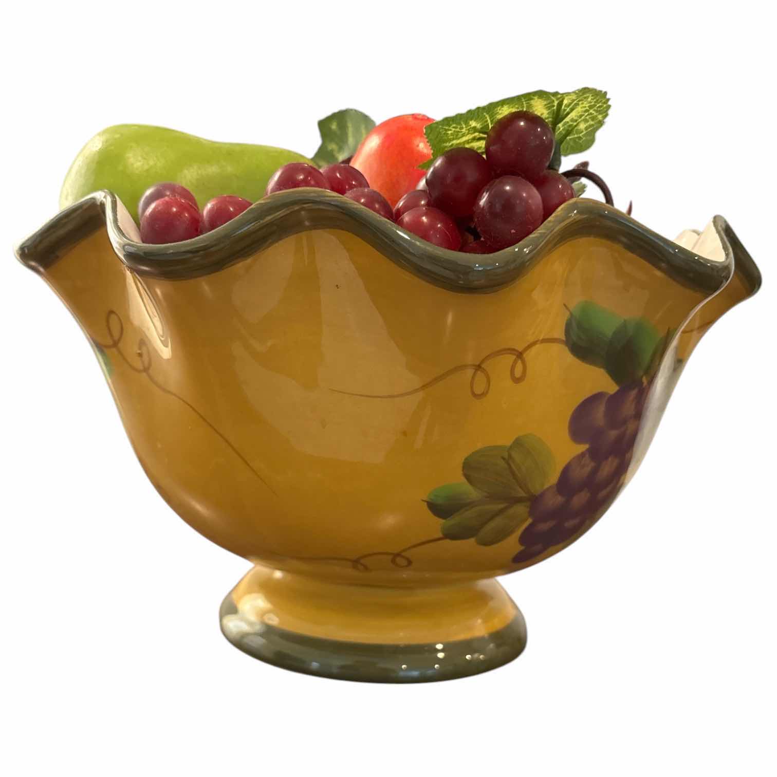 Photo 1 of VINTAGE CASA VERO BY ACK RUFFLE RIMMED LARGE FRUIT BOWL W HAND-PAINTED GRAPE PATTERN 11.5” X 11.5” H6.5”