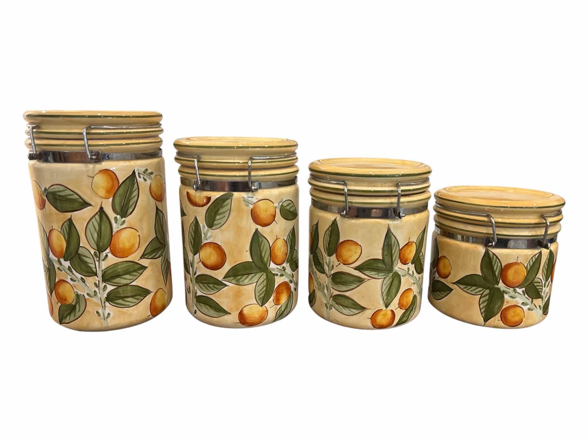 Photo 1 of VINTAGE CERTIFIED INTERNATIONAL CORPORATION CERAMIC 4 JAR SET W LATCH LIDS, FRUIT MOTIF DESIGN (5.75”, 7”, 8”, 9.25”)