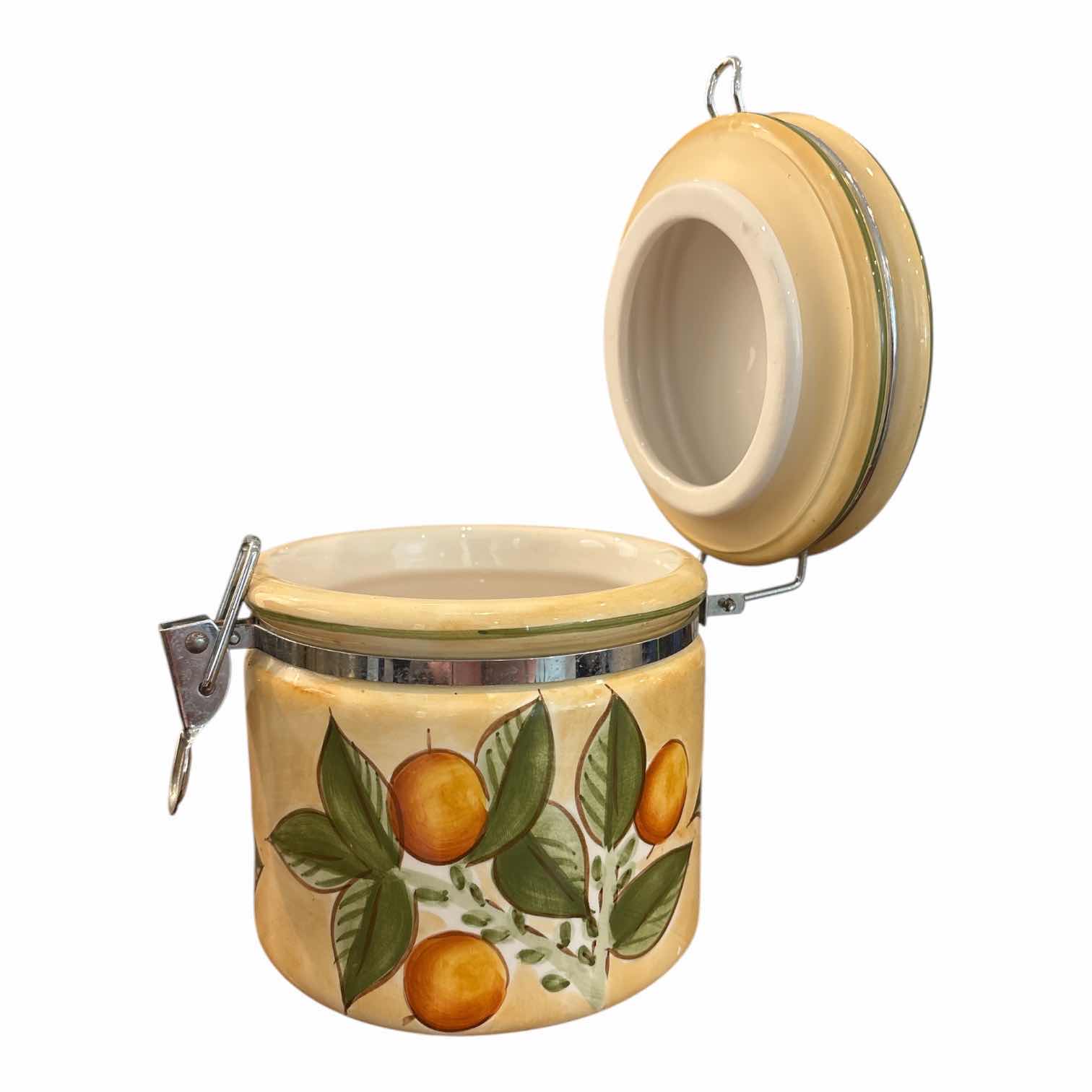 Photo 1 of VINTAGE CERTIFIED INTERNATIONAL CORPORATION CERAMIC 4 JAR SET W LATCH LIDS, FRUIT MOTIF DESIGN (5.75”, 7”, 8”, 9.25”)