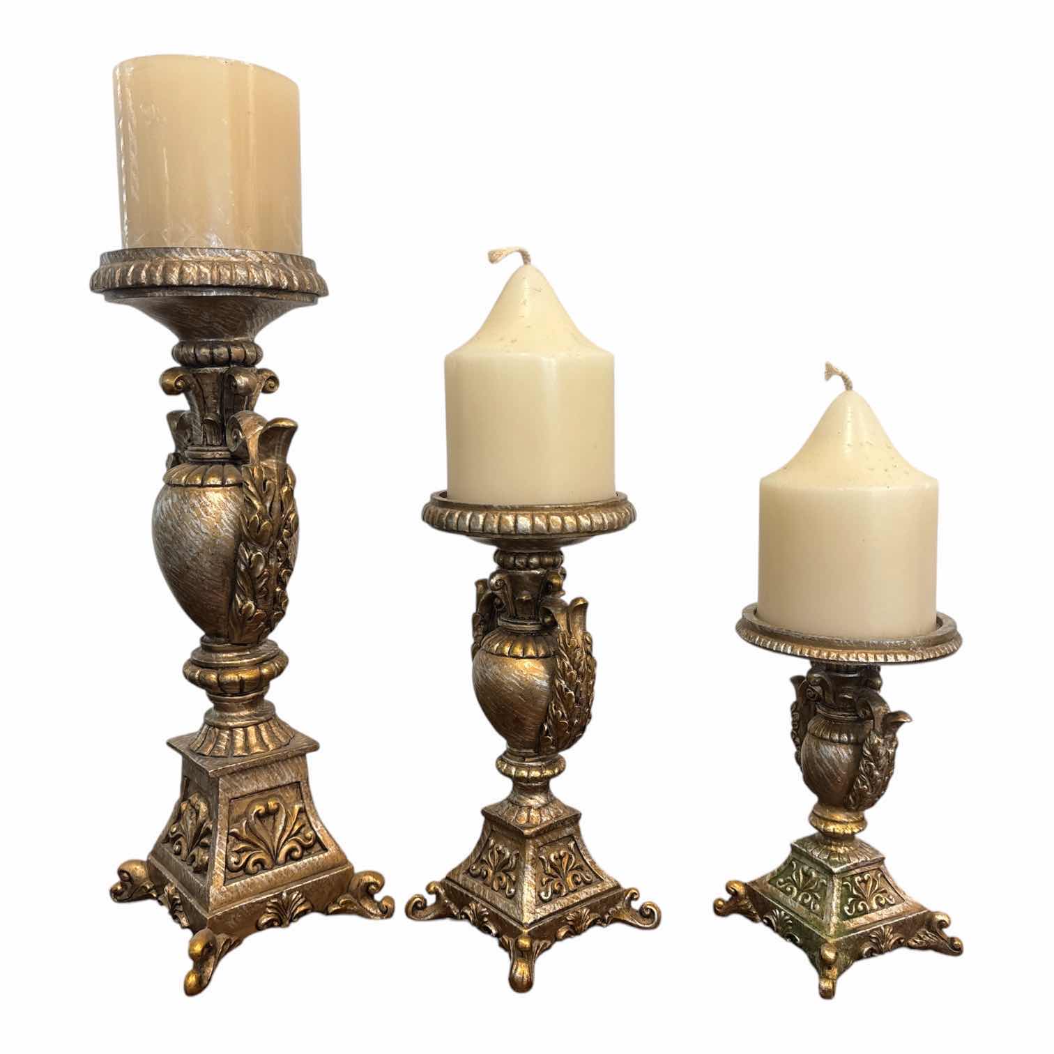 Photo 1 of VINTAGE PEDESTAL CANDLESTICKS SET OF 3 (12”, 8”, 6”)