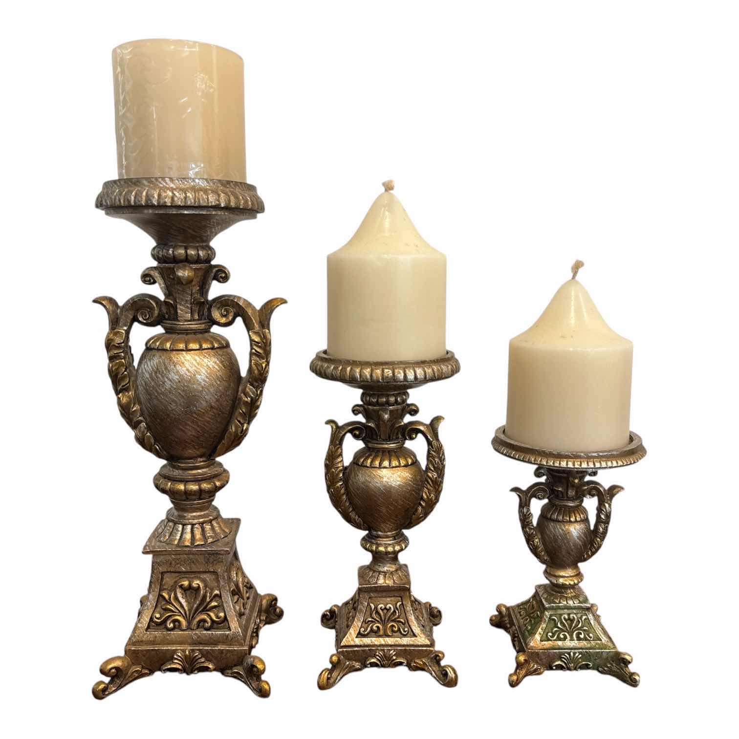 Photo 1 of VINTAGE PEDESTAL CANDLESTICKS SET OF 3 (12”, 8”, 6”)