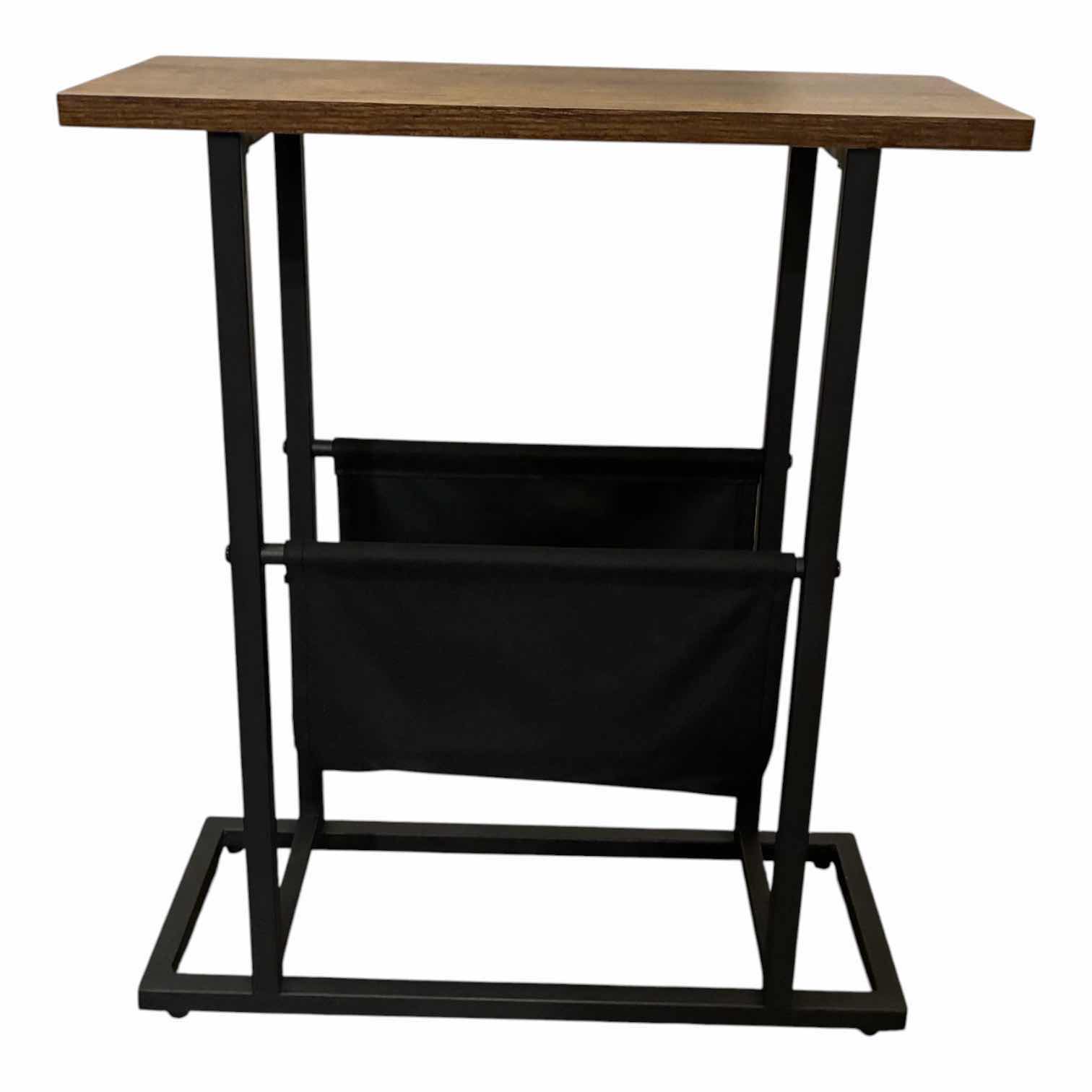 Photo 1 of NARROW RUSTIC WOOD BLACK STEEL END TABLE W MAGAZINE RACK, 18” X 7” H20” $50