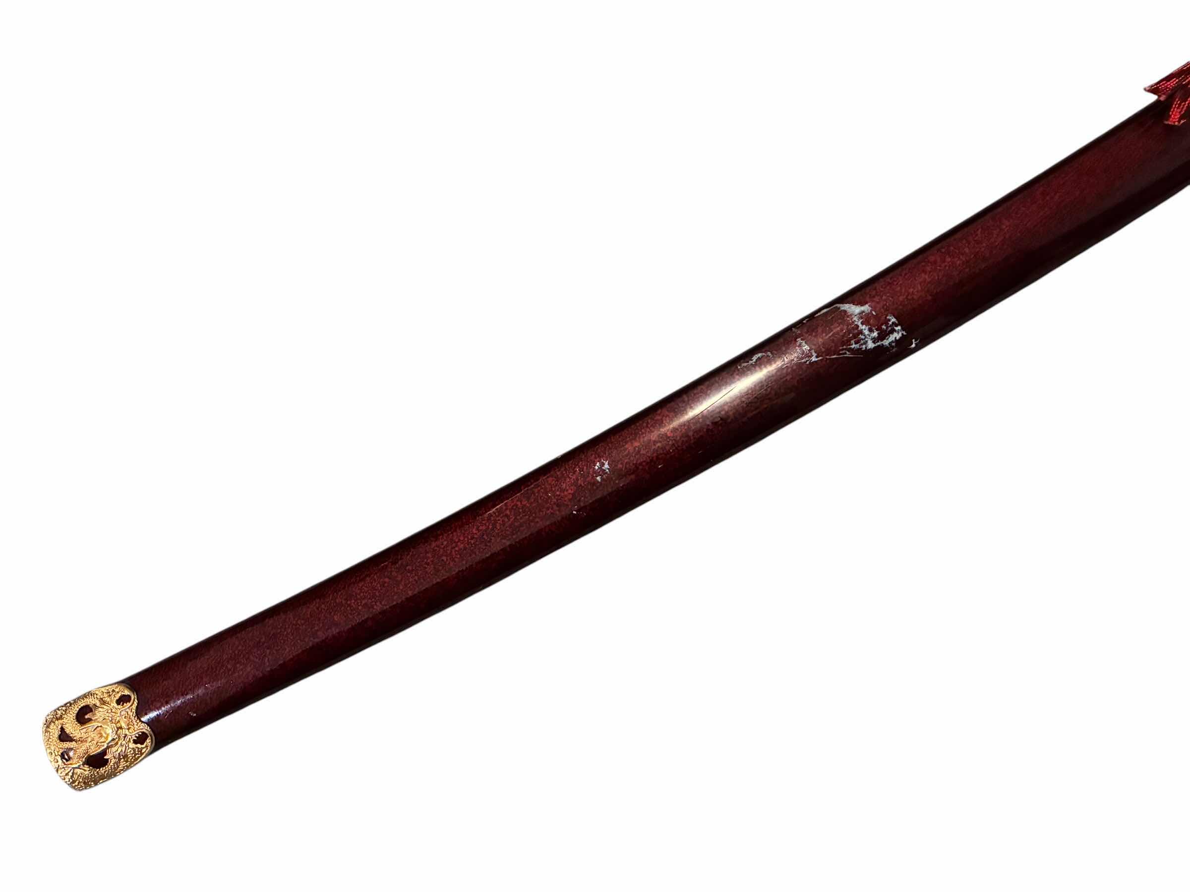 Photo 1 of RED DRAGON JEWEL HANDLED GOLD, ACCENTED STAINLESS STEEL KATANA W SHEATH 43.5”
