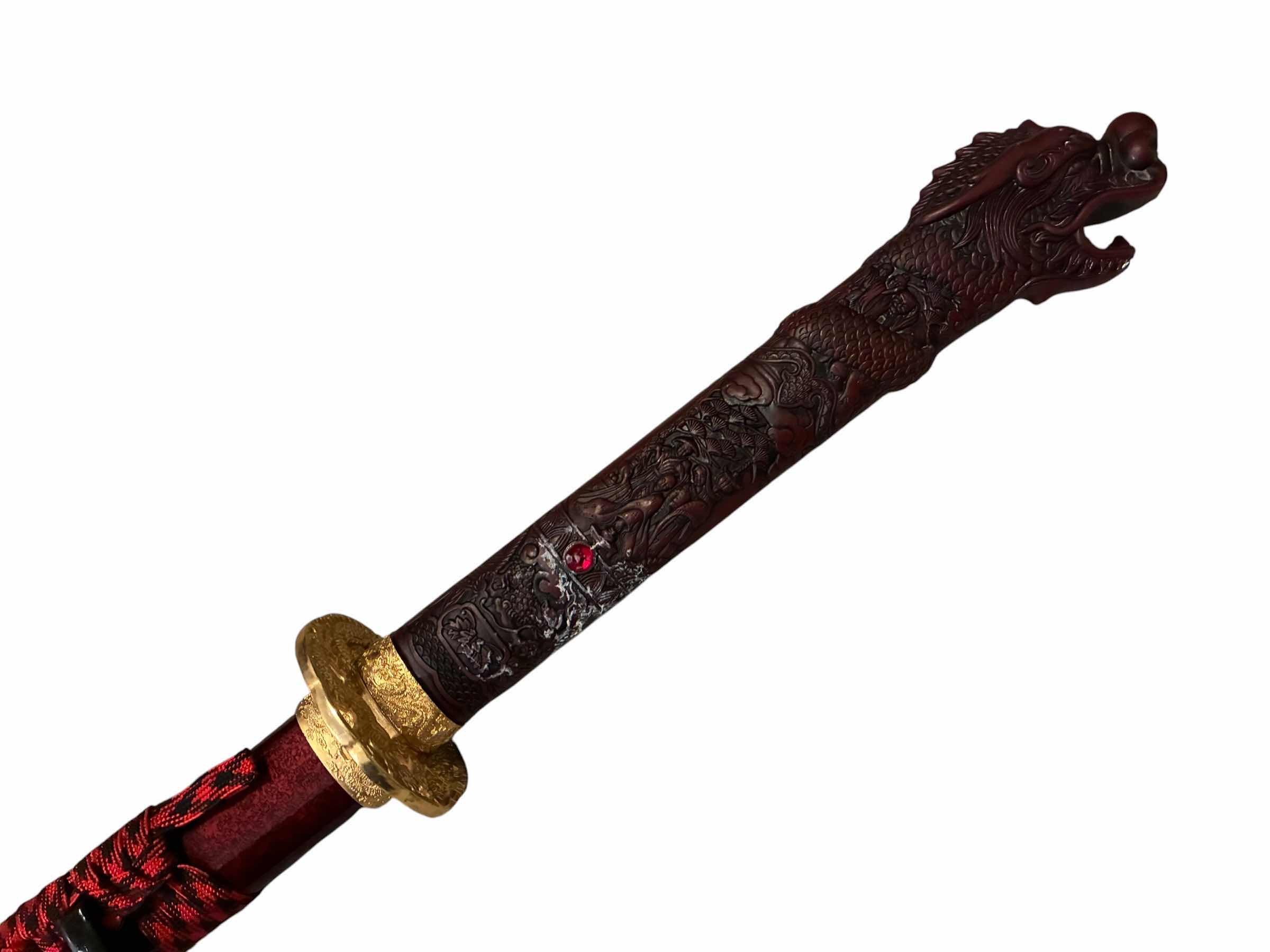 Photo 1 of RED DRAGON JEWEL HANDLED GOLD, ACCENTED STAINLESS STEEL KATANA W SHEATH 43.5”