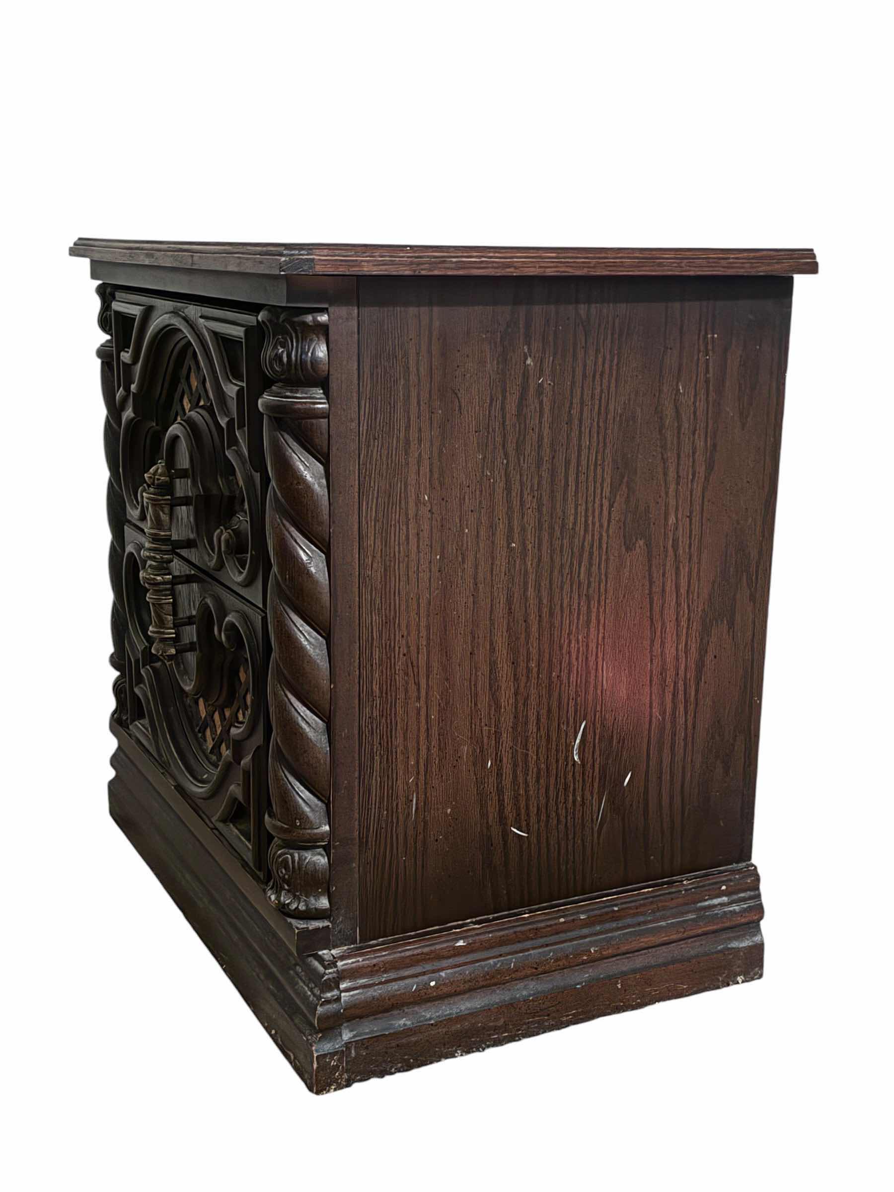 View 2 of MID-CENTURY DARK WOOD FINISH VELVET INLAY BRASS HANDLE 2-DRAWER NIGHTSTAND 22“ X 16“ H23“