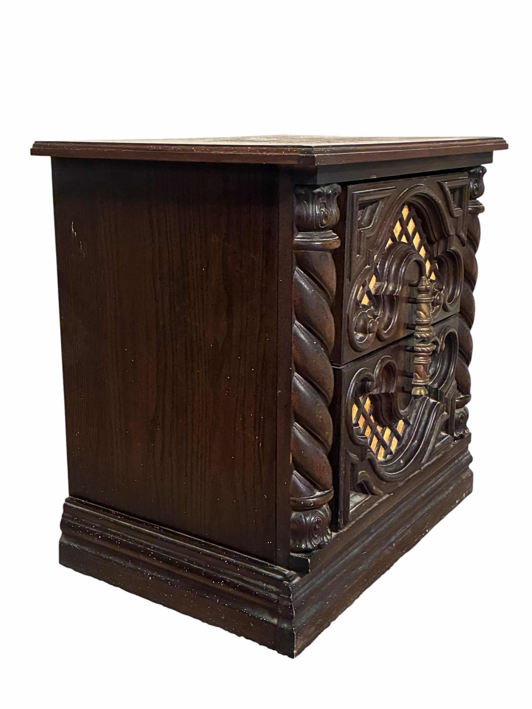 View 3 of MID-CENTURY DARK WOOD FINISH VELVET INLAY BRASS HANDLE 2-DRAWER NIGHTSTAND 22“ X 16“ H23“