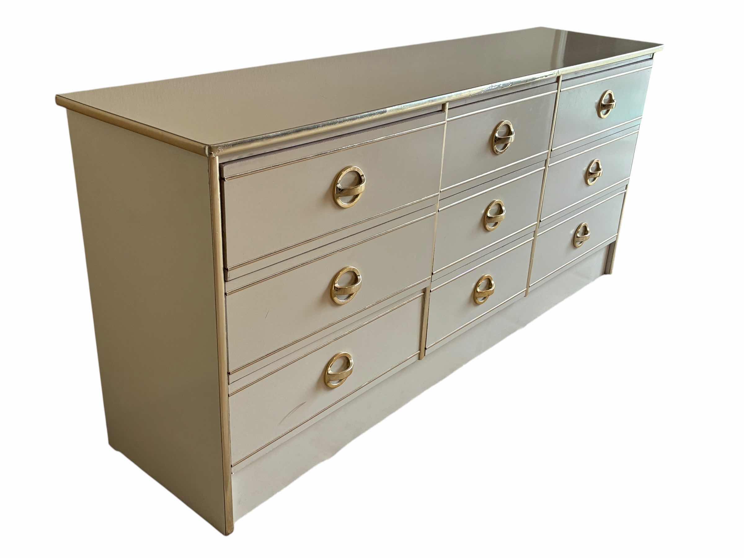 Photo 1 of MID-CENTURY REGENCY STYLE CREAM & GOLD 9-DRAWER DRESSER 63“ X 16“ H28”