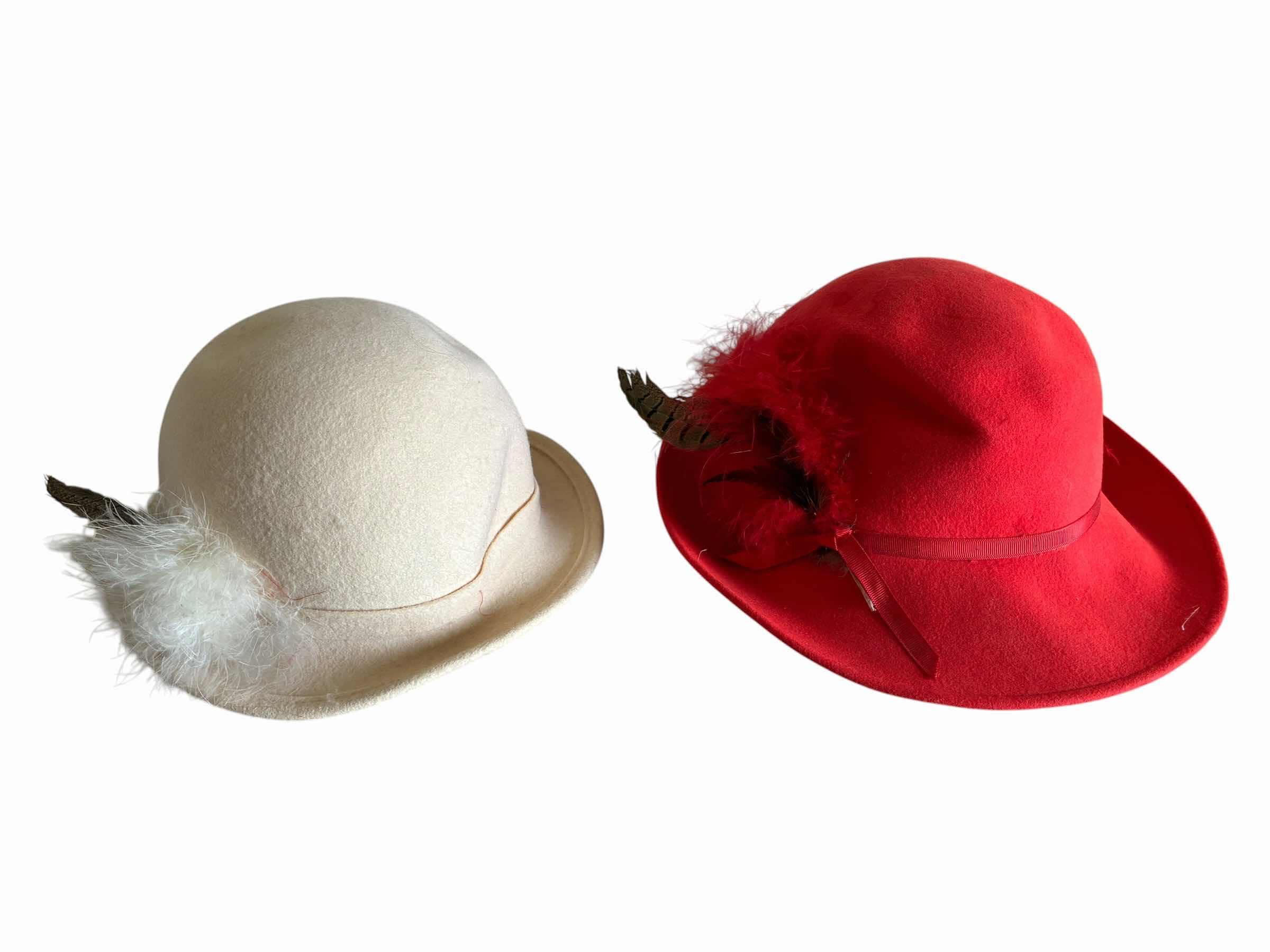 View 1 of VINTAGE CAREER COLLECTION FEATHERED CREAM WOOL BOWLER HAT & VINTAGE RED WOOL BOWLER HAT SIZE 6-7