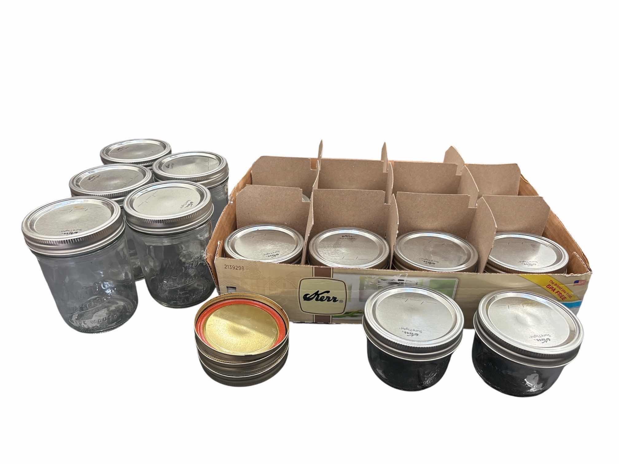 Photo 1 of KERR WIDE MOUTH MASON JARS, 14 WIDE MOUTH HALF PINT JARS & 5 WIDE MOUTH PINT JARS W LIDS & BANDS (19 JARS TOTAL)