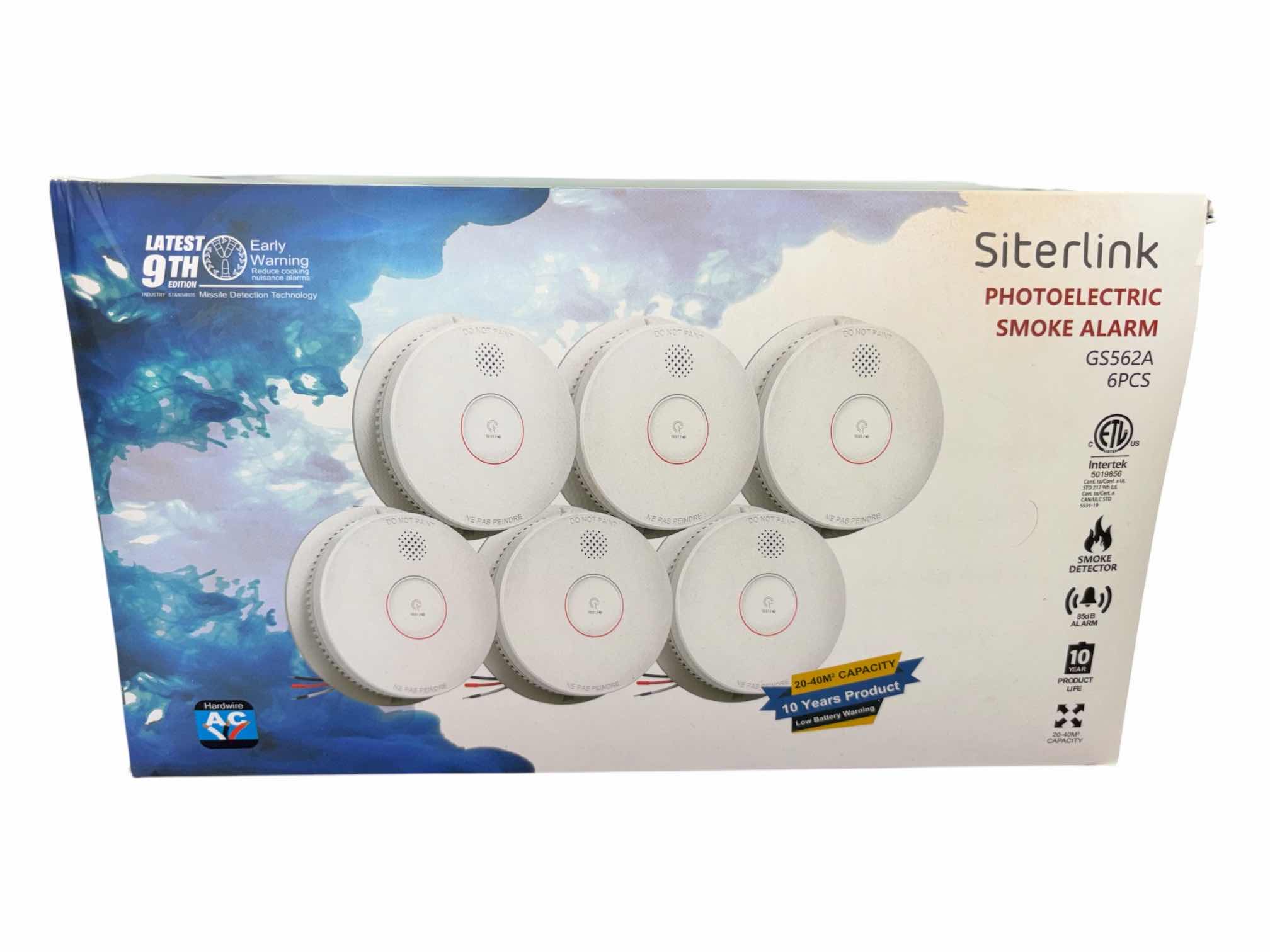 Photo 1 of SITERLINK 6-PACK HARDWIRED INTERCONNECTED SMOKE DETECTORS, PHOTOELECTRIC SMOKE ALARM W 9V BATTERY BACK-UP, TEST/SILENCE BUTTON (GS562A)
