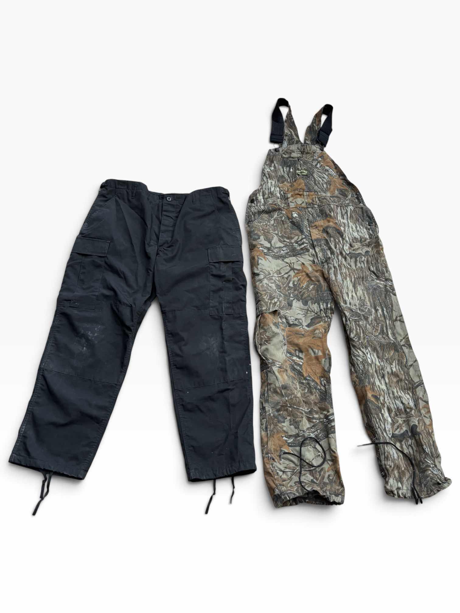 Photo 1 of SPARTAN REAL TREE OVERALLS (CAMO, SIZE 36 X 34) & PROPPER PUBLIC SAFETY CARGO PANTS (BLACK, SIZE LARGE/SHORT)