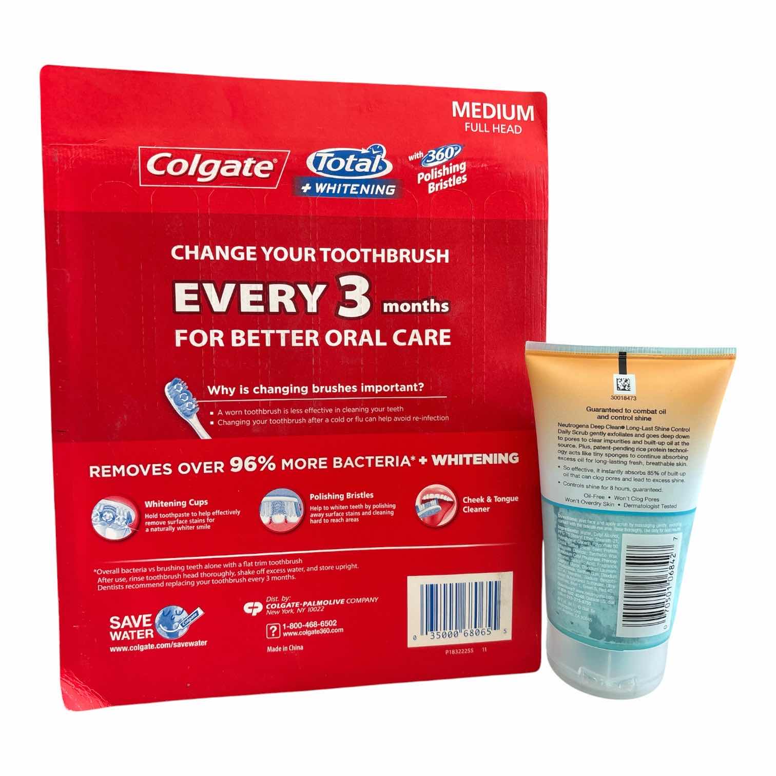 Photo 1 of COLGATE TOTAL WHITENING W 360 POLISHING BRISTLES 8-PACK MEDIUM FULL HEAD TOOTHBRUSHES & NEUTROGENA DEEP CLEAN LONG LAST SHINE CONTROL DAILY SCRUB 4.2 FL OZ