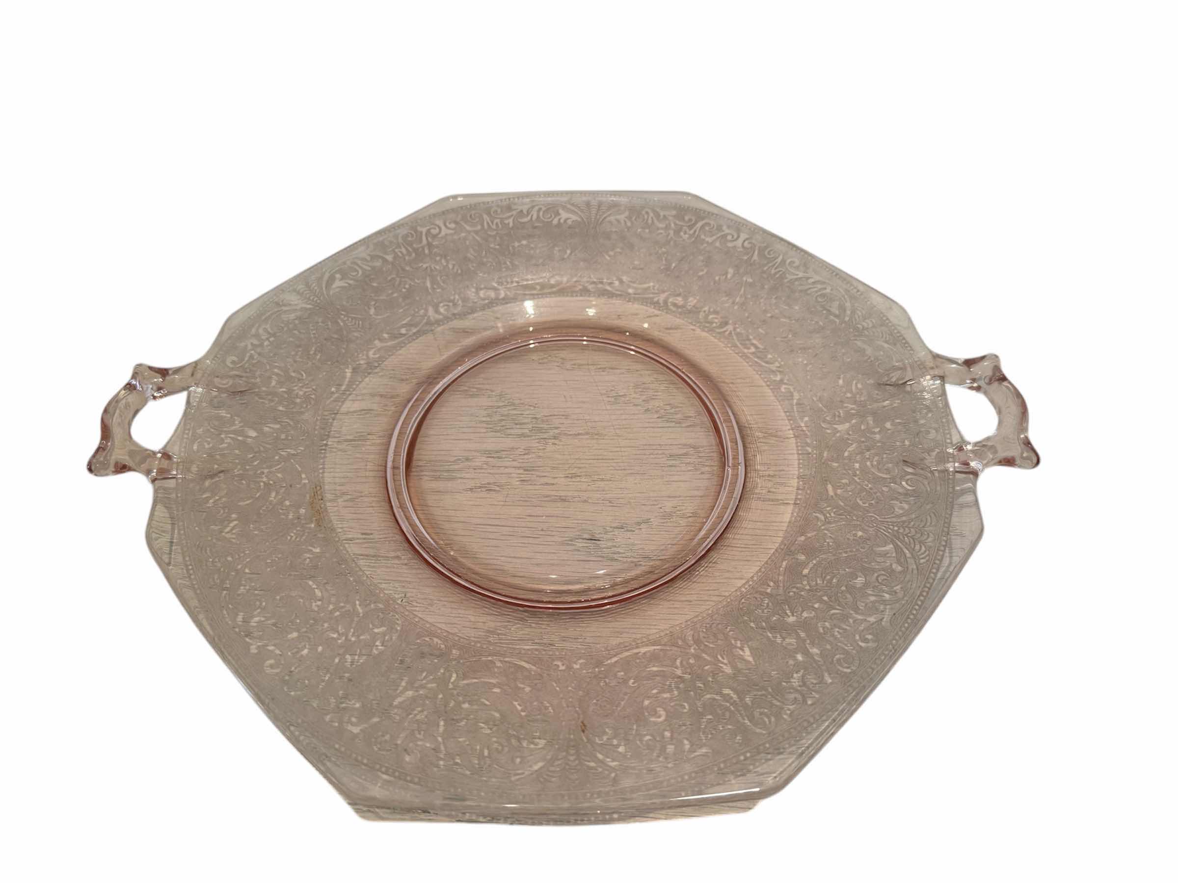 Photo 1 of 4-VINTAGE DEPRESSION ERA PINK GLASS HANDLED TEA TRAYS D11”