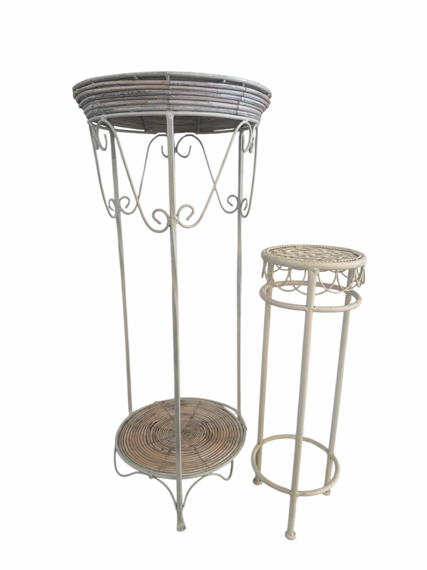Photo 1 of 2-WHITE METAL PLANT STANDS (1)-15” X H34” (1) 7” X H22”