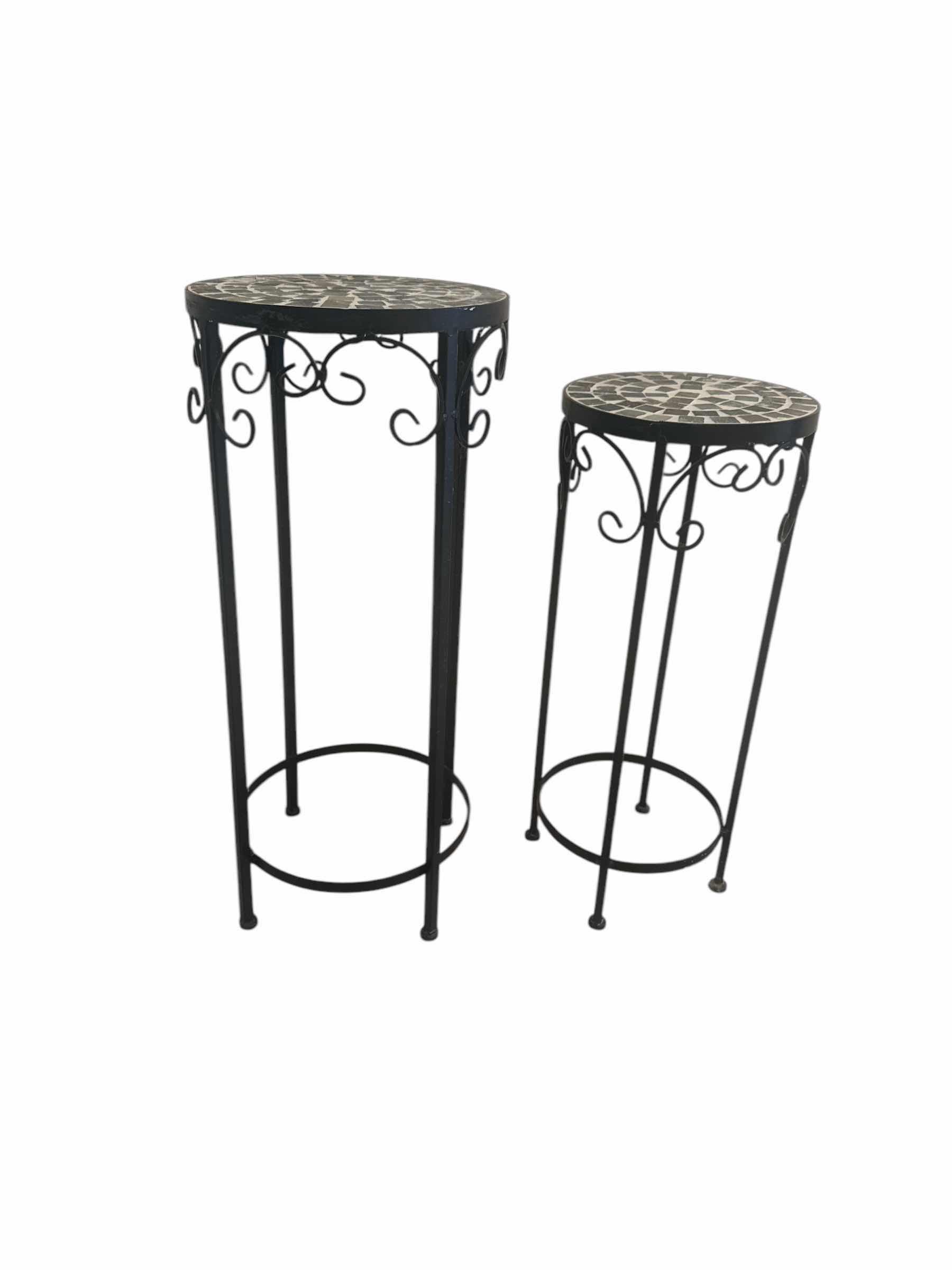Photo 1 of 2 METAL AND TILE PLANT STANDS (1) 12” X H 28” (1) 10” X H24”