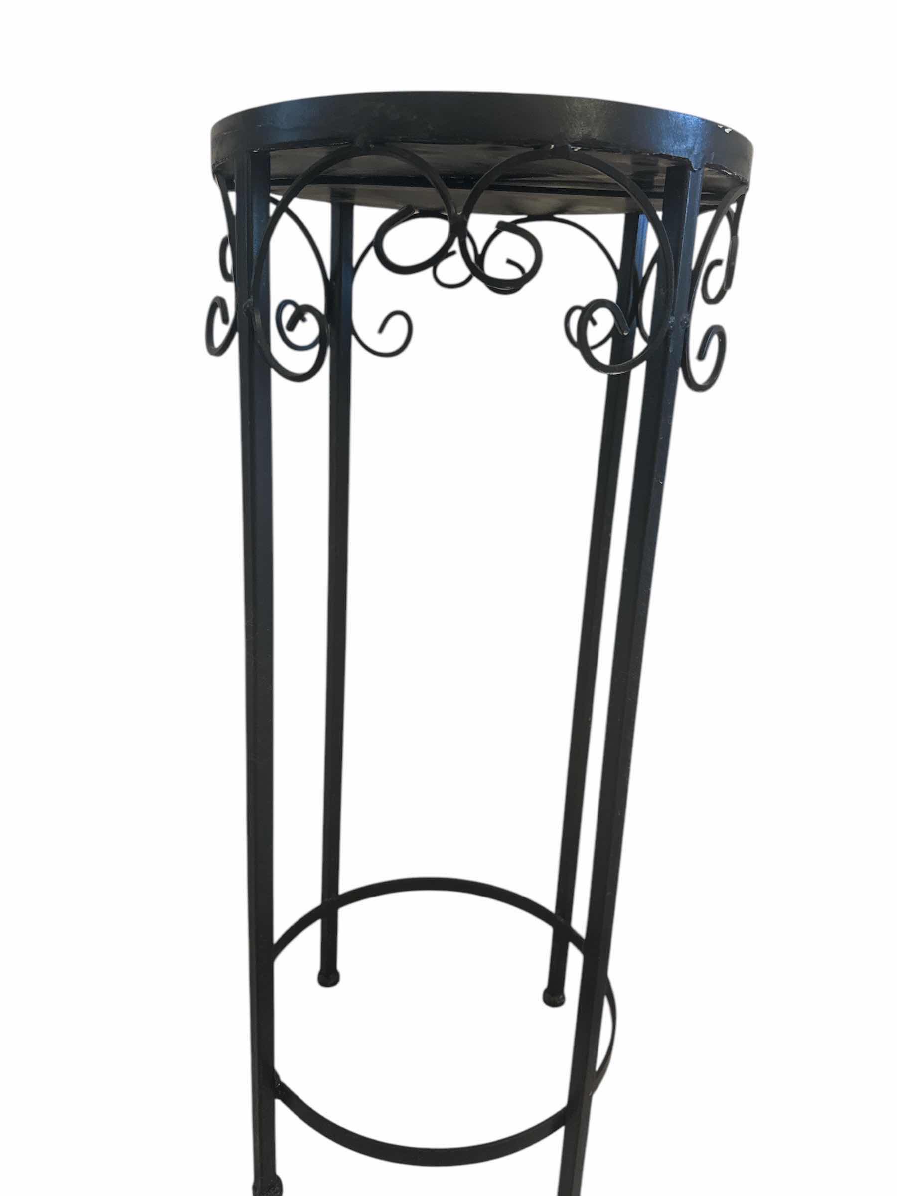 Photo 1 of 2 METAL AND TILE PLANT STANDS (1) 12” X H 28” (1) 10” X H24”