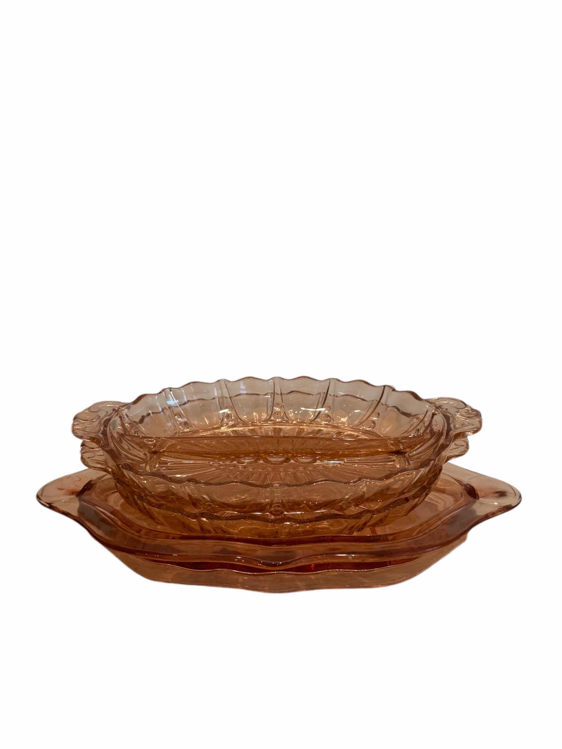 Photo 1 of VINTAGE PINK DEPRESSION GLASS SERVING BOWLS, LARGE BOWL, 15” X 10” X H1.5”
2 SMALL BOWLS
12” X 7.5” X H1.5”