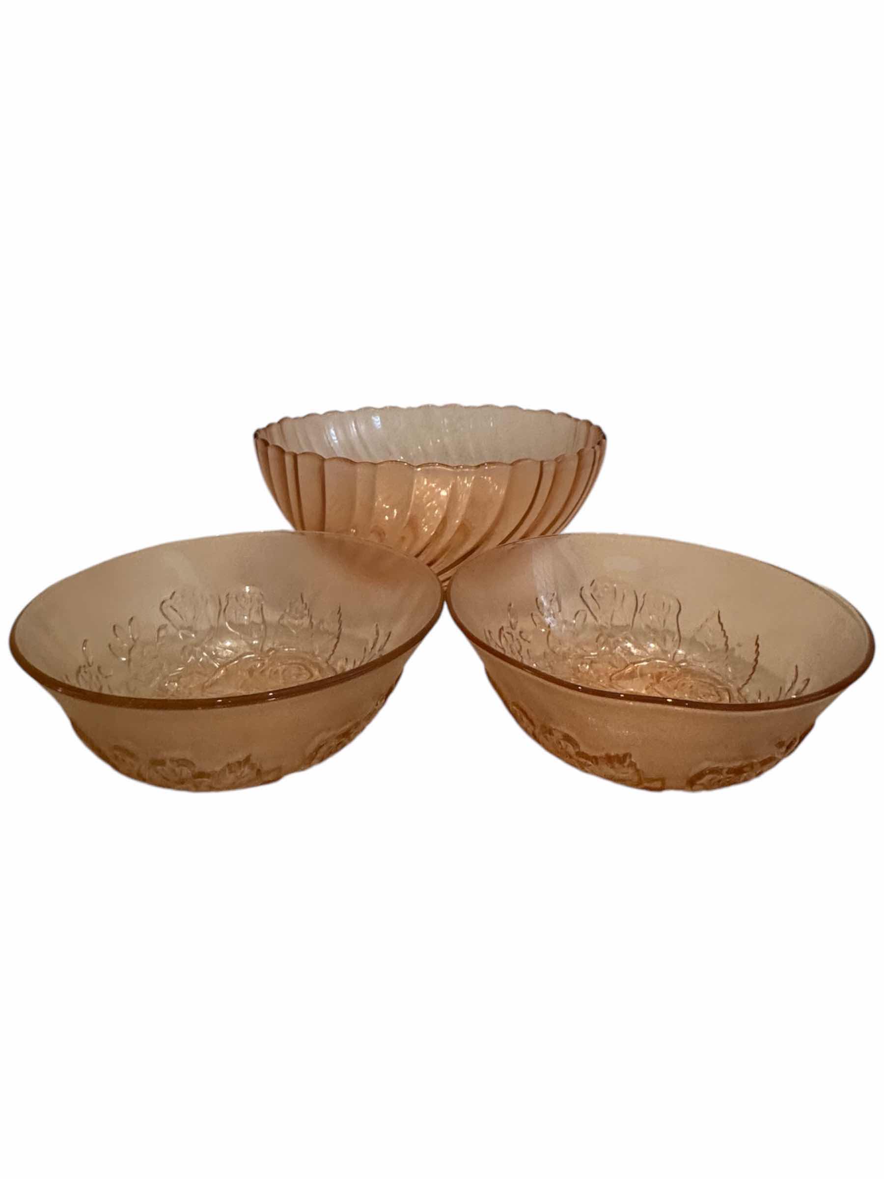 Photo 1 of 3-VINTAGE PINK DEPRESSION GLASS BOWLS
LARGE BOWL
D9” X H4”

2 SMALL BOWLS
D7” X H2.5”