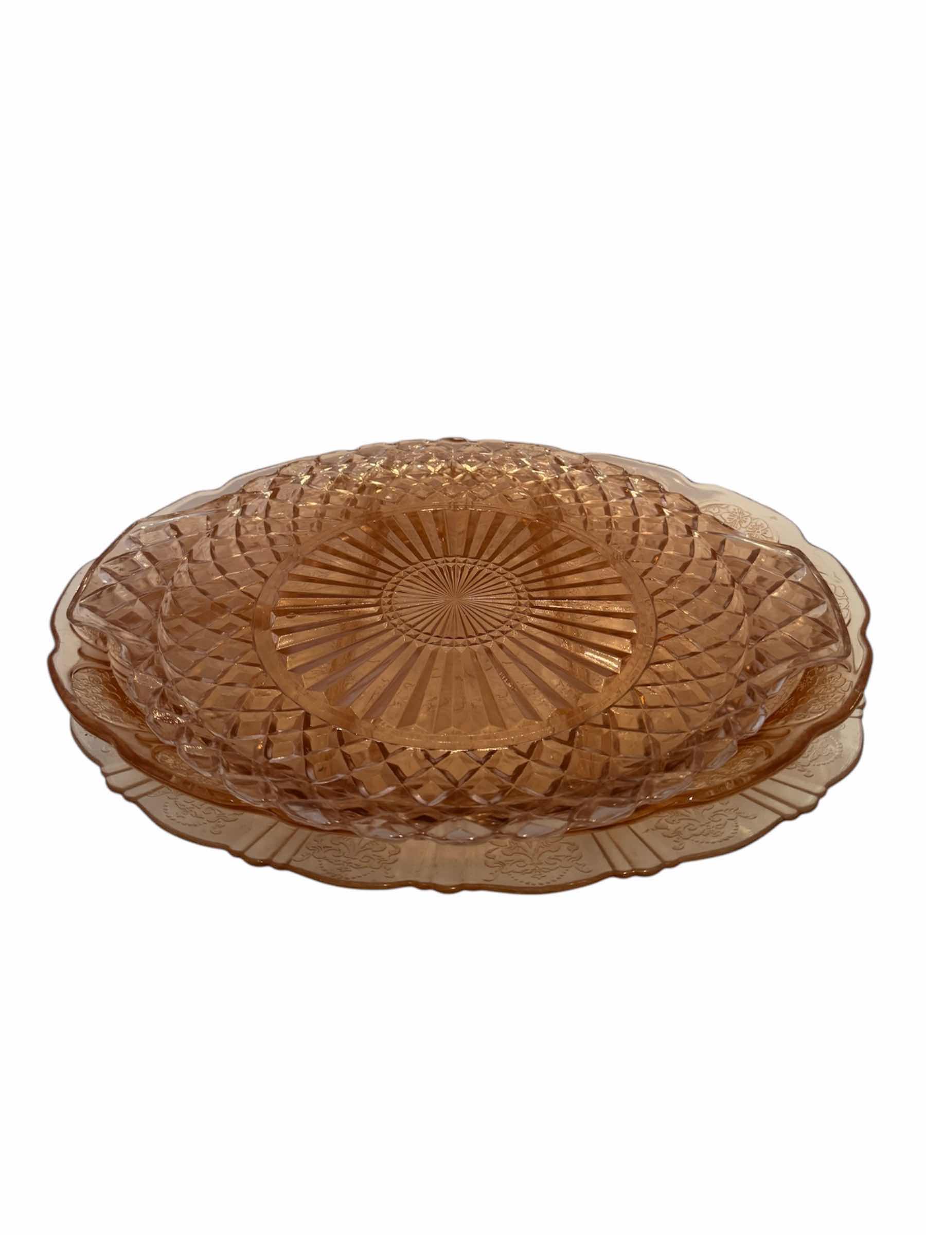 Photo 1 of 3-VINTAGE PINK DEPRESSION GLASS SERVING TRAYS, EACH TRAY 
13” X 10” X H1.5”
13” X 9.5” X H1.5”
12” X 10” X H.5”