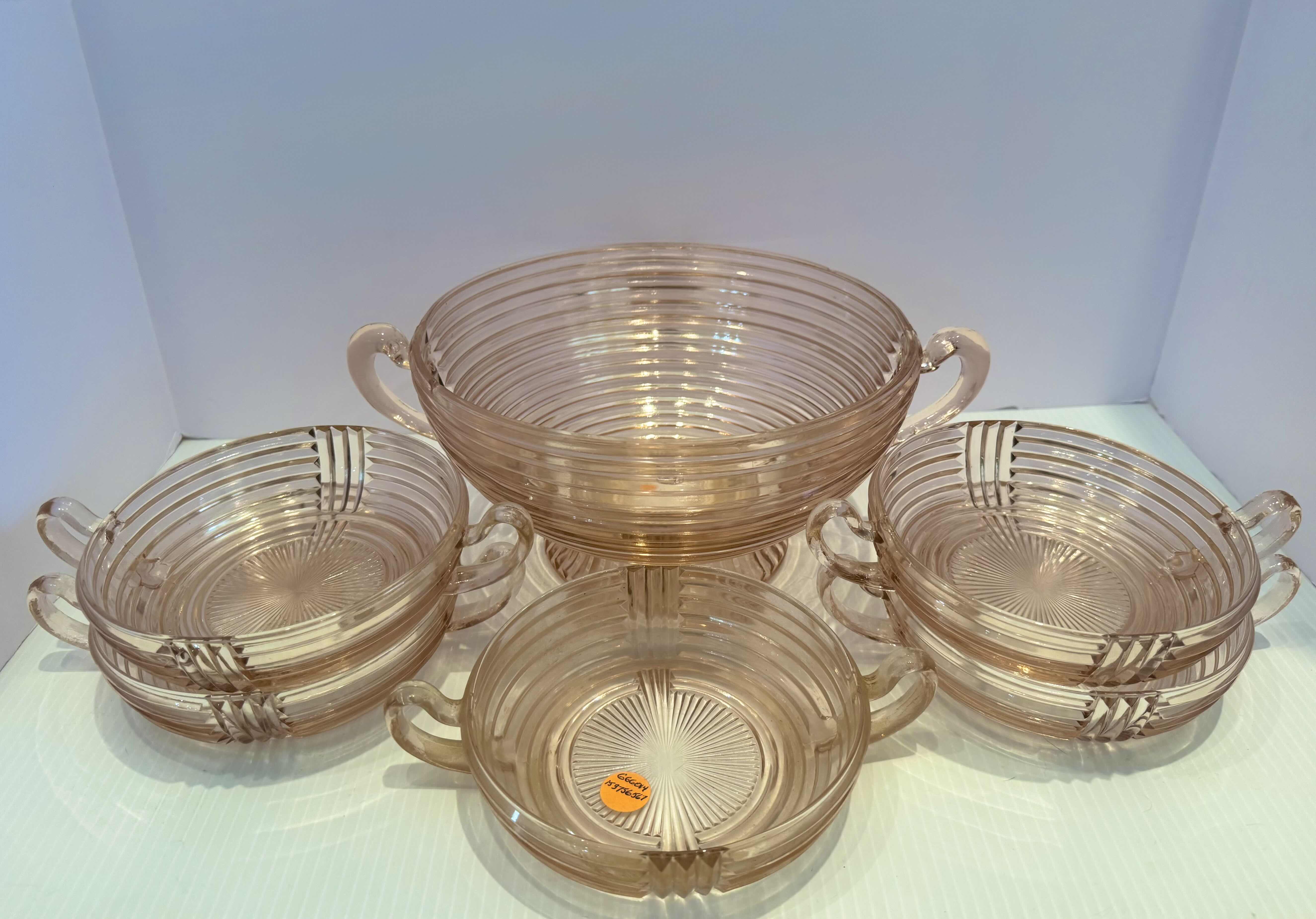 Photo 1 of VINTAGE PINK DEPRESSION GLASS BOWLS, SET OF 6
LARGE BOWL
D9” X H5”
SMALL BOWLS
D6” X H1.5”