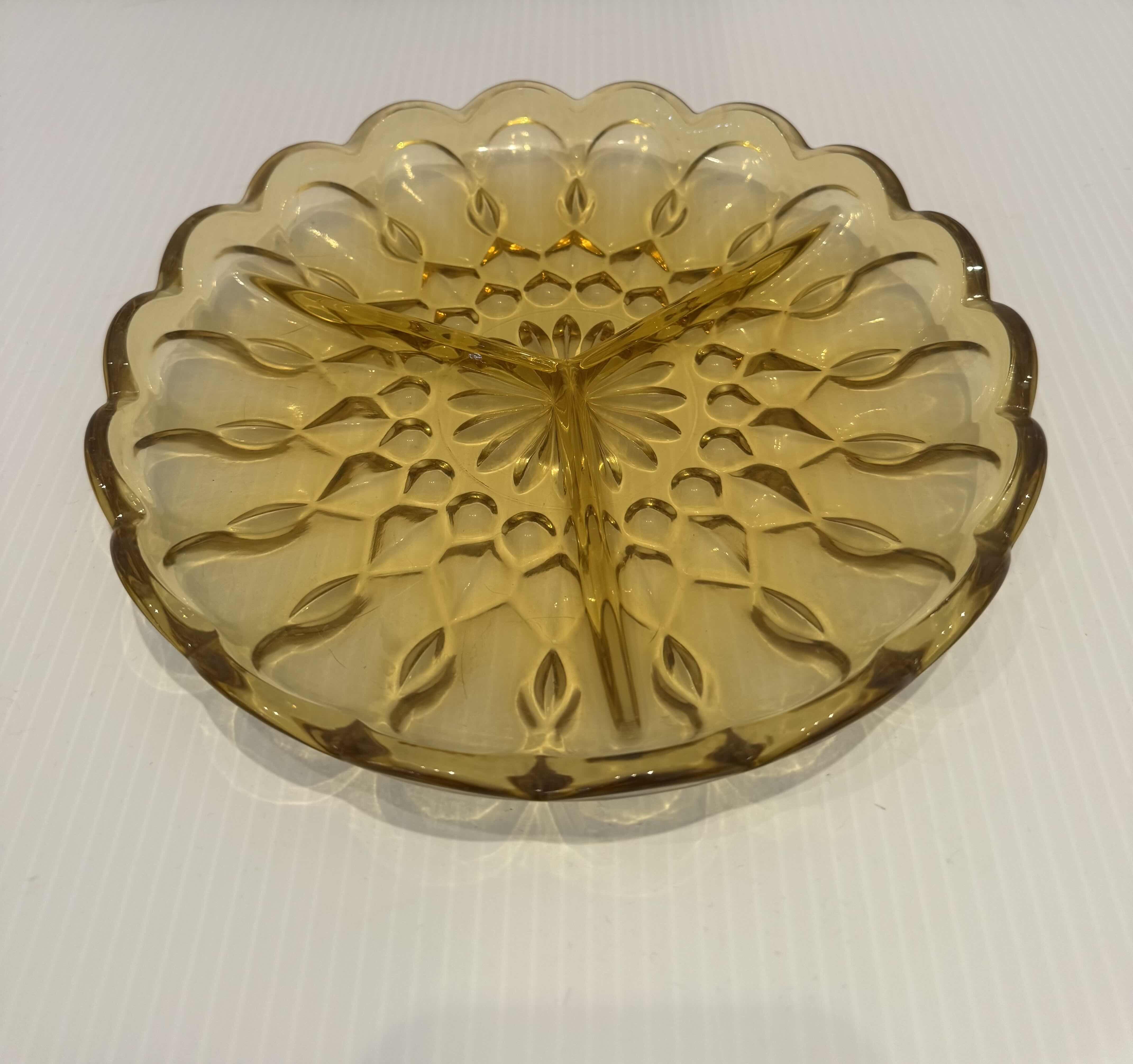 Photo 1 of 3-VINTAGE GOLDEN AMBER GLASS, SMALL BOWL
D3” X H1”
MEDIUM 
7” X 5” X H1.5”
LARGE 
D8.5” X H1.5”
