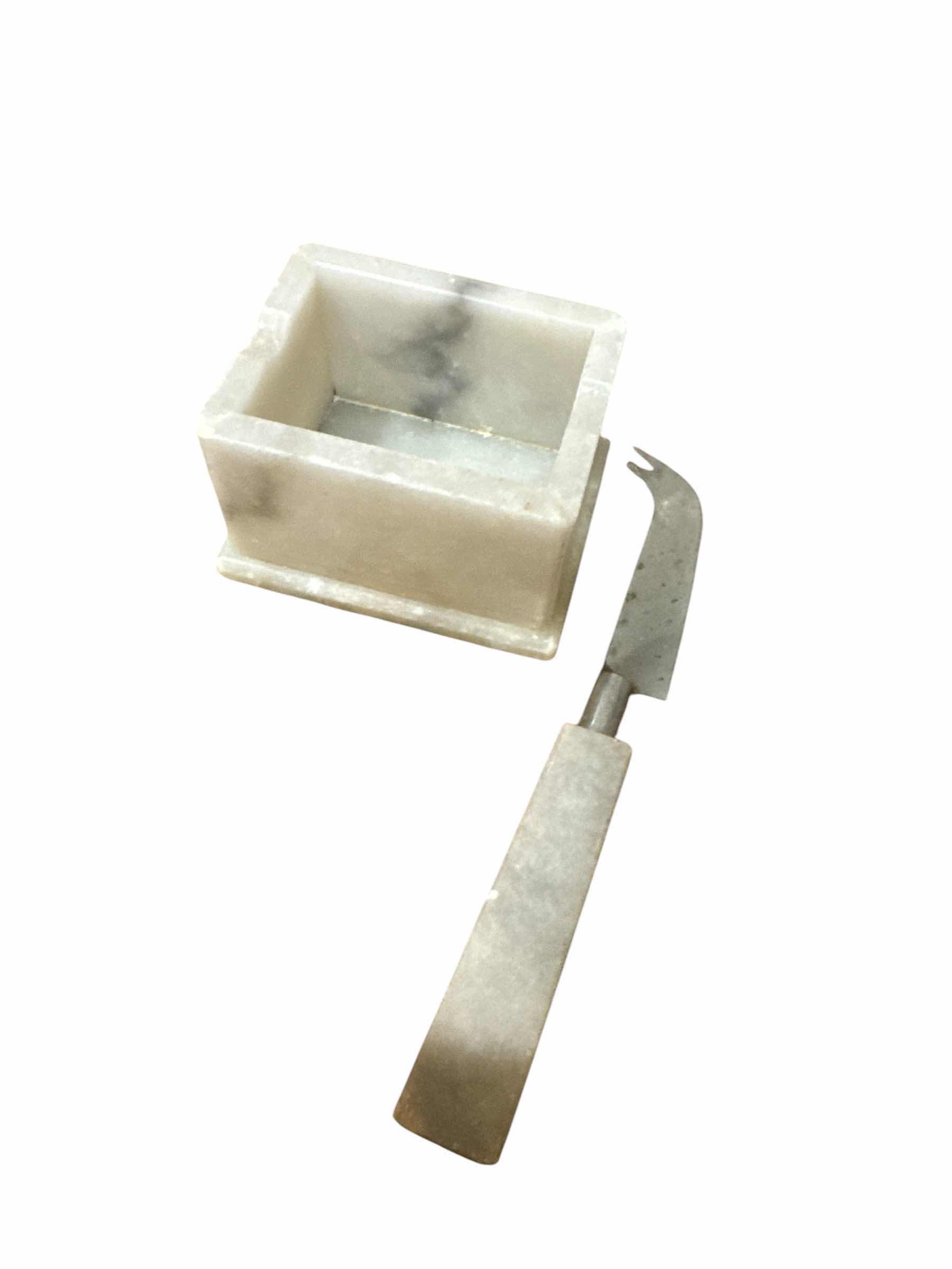 Photo 1 of 5 PIECE MARBLE SET 12” X 12” MARBLE CUTTING BOARD, KNIFE, SALT AND PEPPER MILL