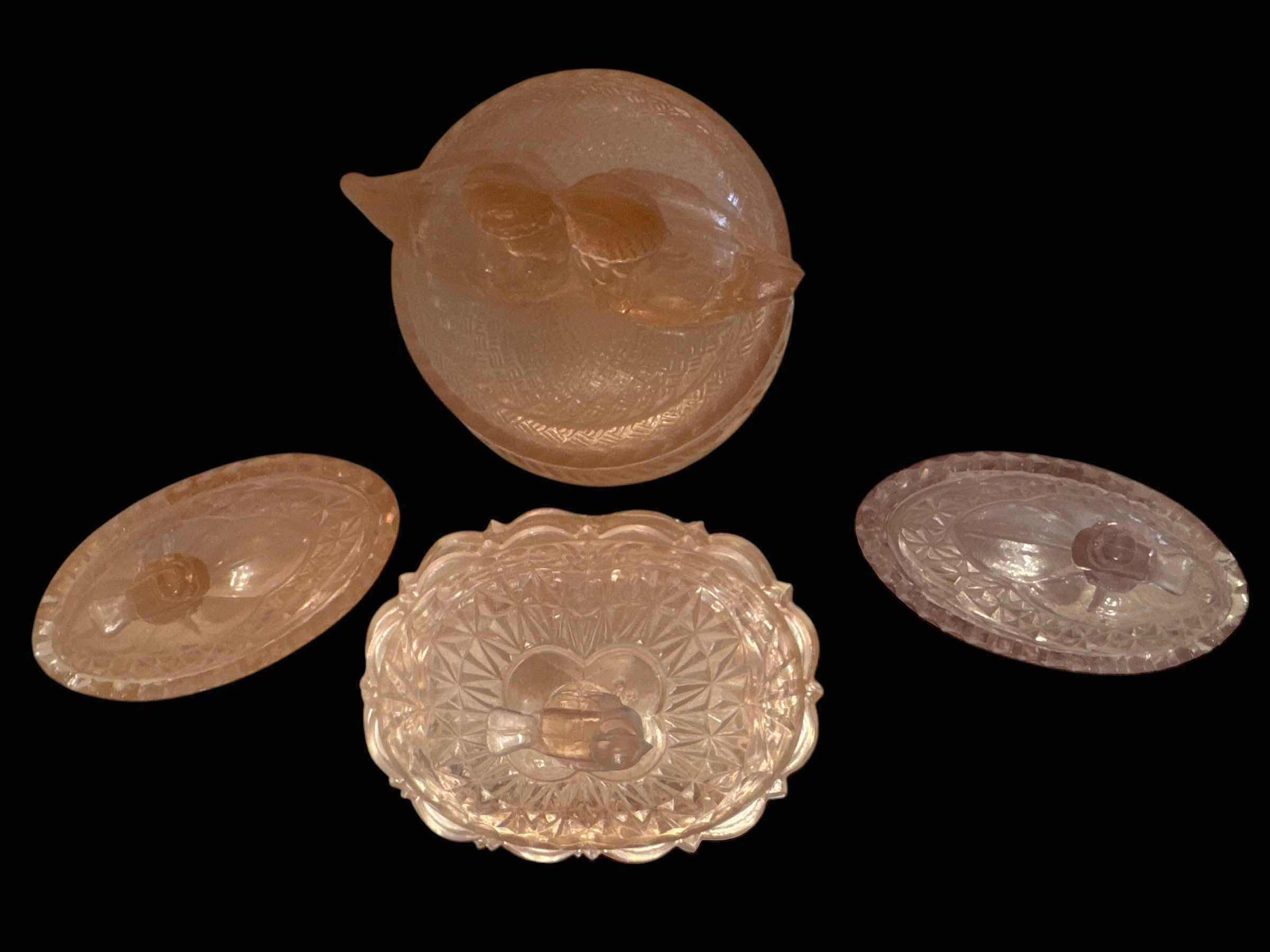 Photo 1 of 4 LIDDED DISHES WITH BIRD ACCENTS IN PINK DEPRESSION GLASS