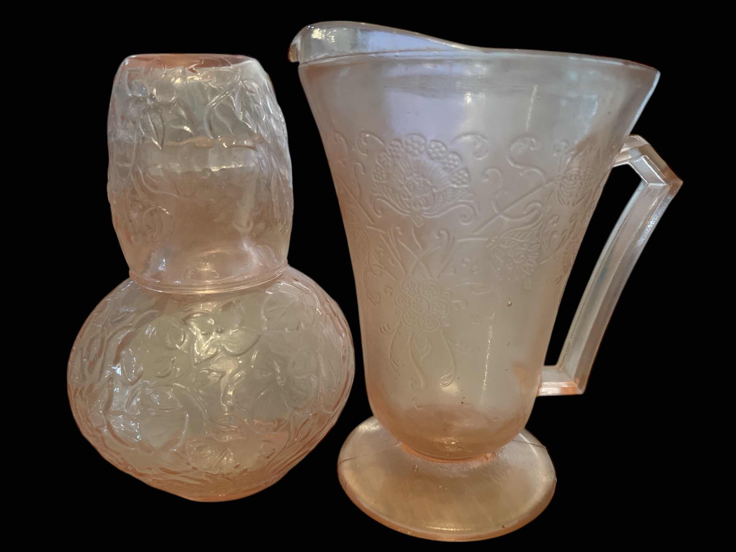 Photo 1 of PINK DEPRESSION GLASS CARAFE & HAZEL ATLAS PITCHER