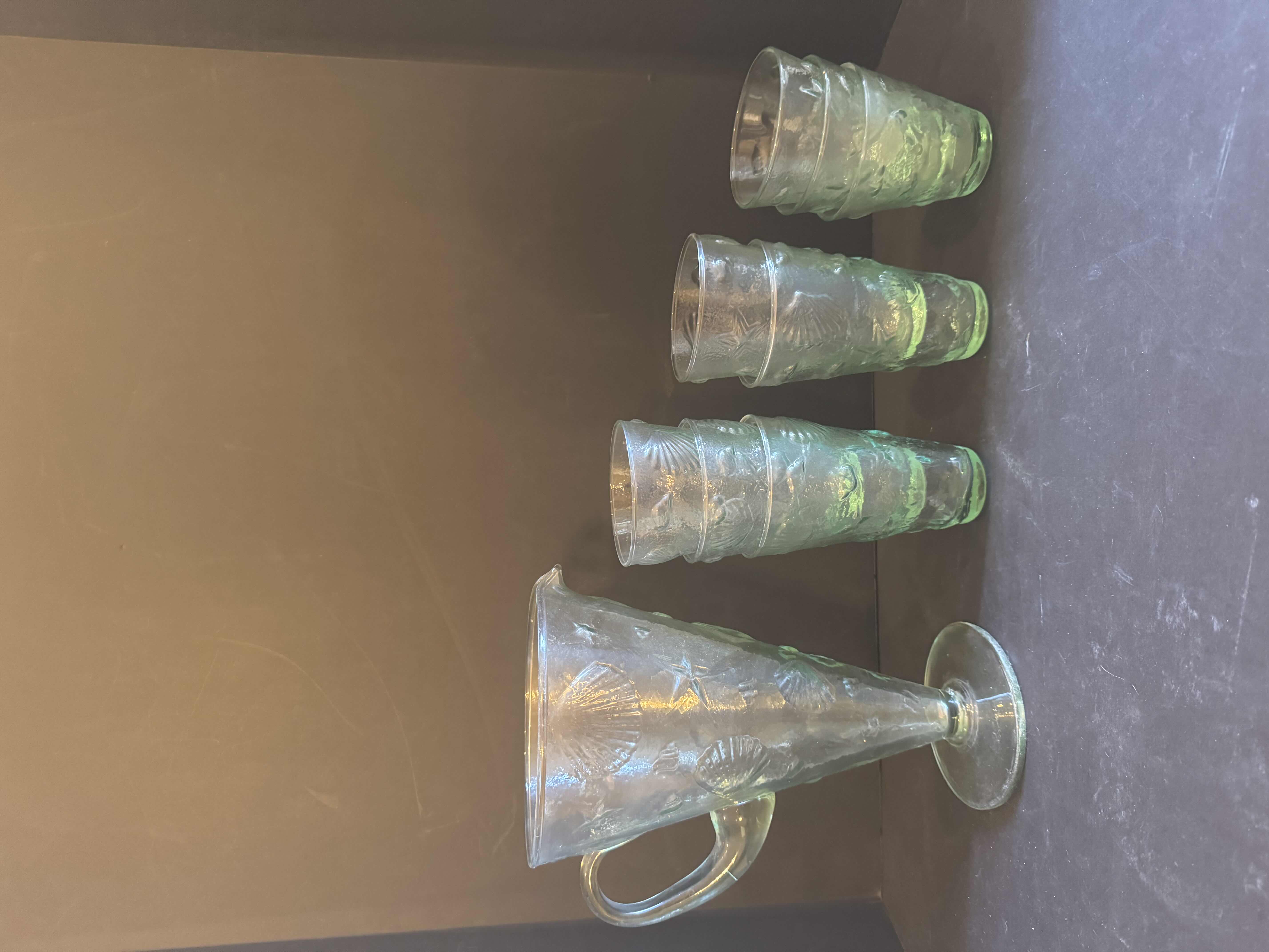 Photo 1 of VINTAGE SEASHELLS DEPRESSION GLASS PITCHER, GLASSES, AND BOWL,
9 ITEMS 

PITCHER 
D8” X H10.5”

BOWL
D11.5” X H6
