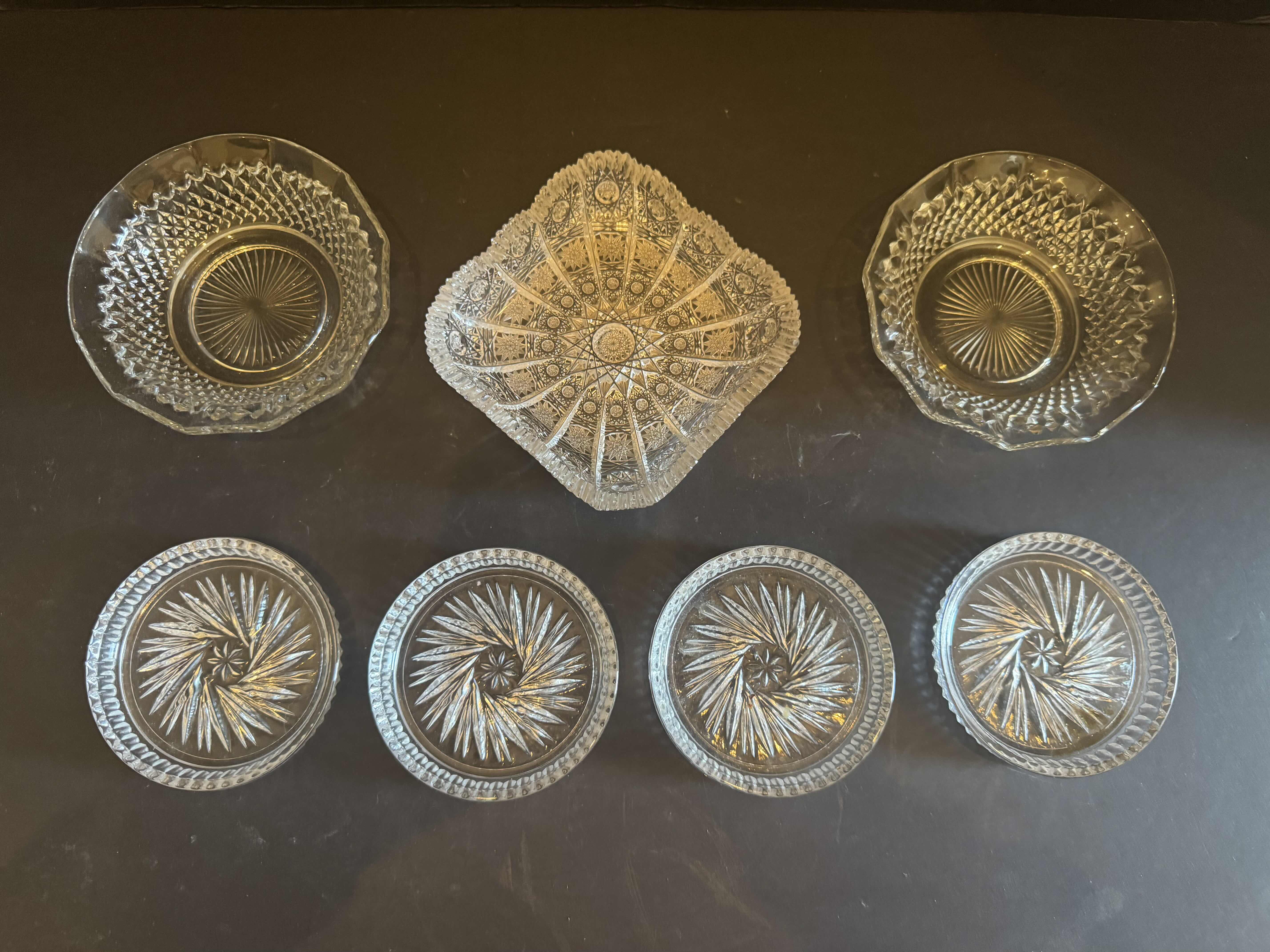 Photo 1 of ASSORTED VINTAGE GLASS, 2 SERVING TRAYS, 4 COASTERS, 3 CANDY DISHES, 9 ITEMS 
 
SERVING TRAY
D12” X H1”

LONG SERVING TRAY
16” X 9.5” X H1”