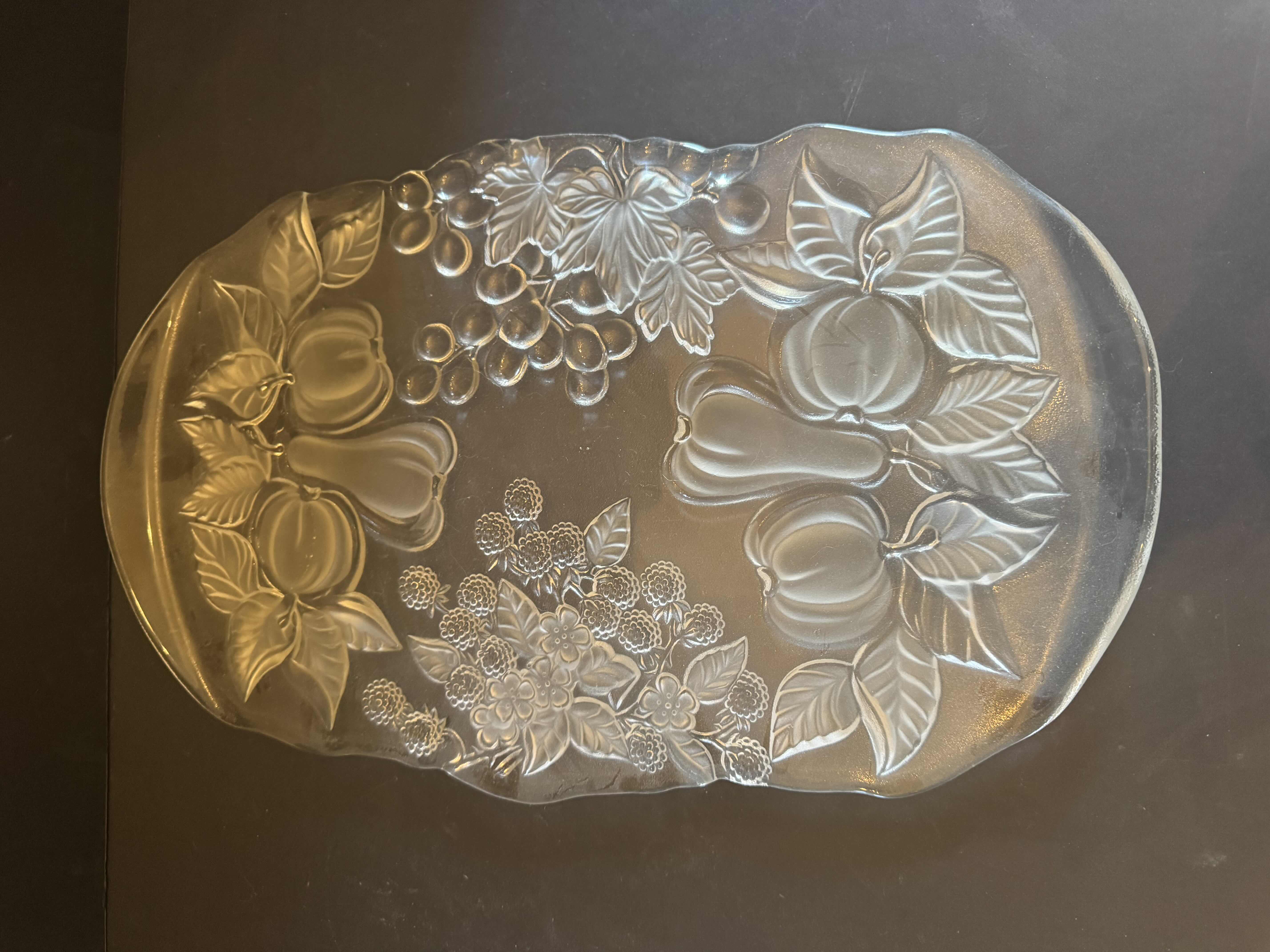 Photo 1 of ASSORTED VINTAGE GLASS, 2 SERVING TRAYS, 4 COASTERS, 3 CANDY DISHES, 9 ITEMS 
 
SERVING TRAY
D12” X H1”

LONG SERVING TRAY
16” X 9.5” X H1”