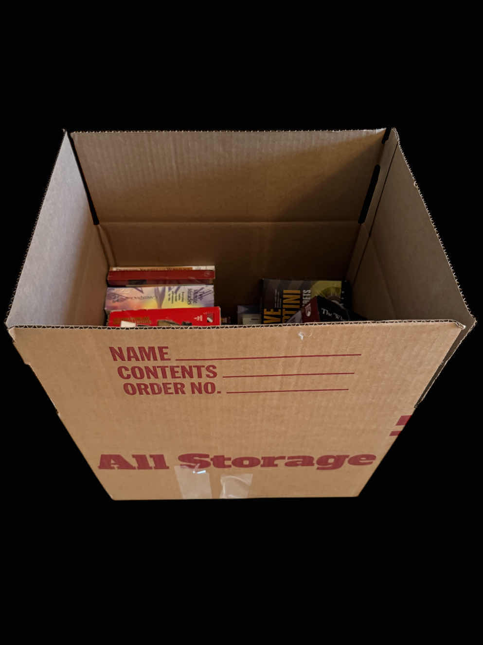 Photo 1 of BOX OF ASSORTED MEDIA, AUDIO BOOKS, BOOKS, BLU-RAY, VHS, AND CASSETTES