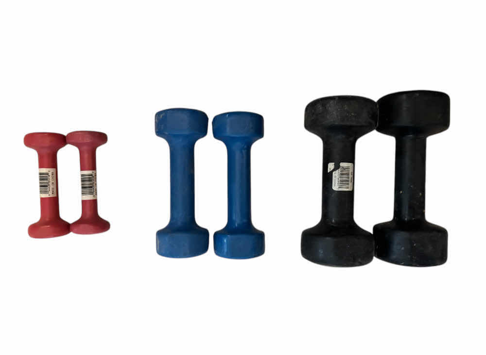 Photo 1 of ASSORTED DUMBBELLS, WORKOUT, LIFTING, WEIGHTS, 3 SETS
8LBS, 5LBS, 2LBS