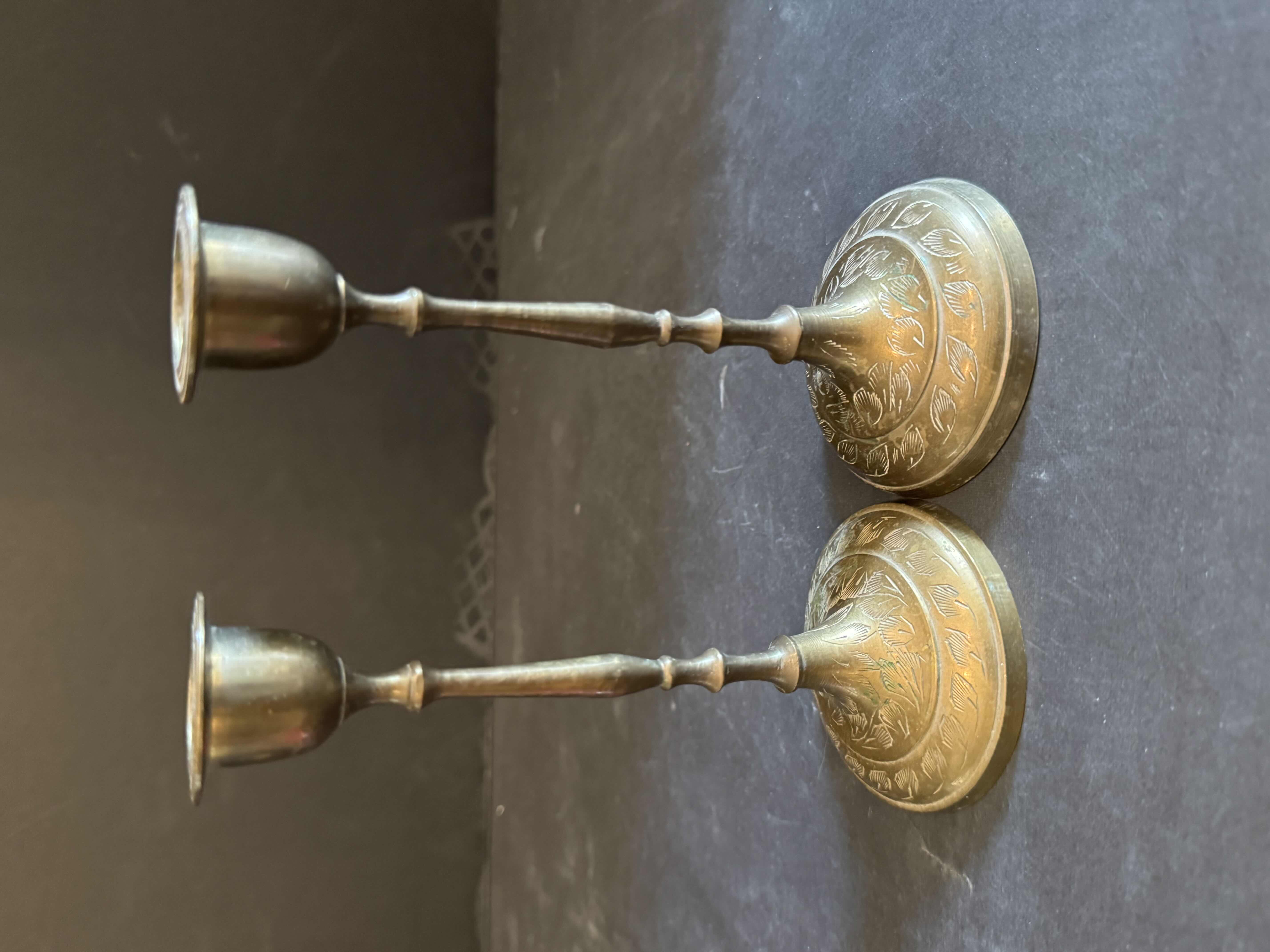Photo 1 of BRASS PEDESTAL BOWL AND CANDLE HOLDERS,

BOWL
D6.75” X H3.5”

CANDLE HOLDERS 
D2.5” X H6”