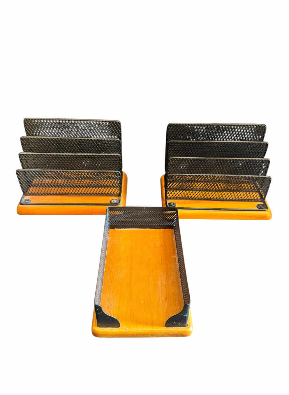 Photo 1 of DESKTOP METAL MESH AND WOOD ORGANIZERS, 5 ITEMS

LARGE ORGANIZER
14” X 7” X H6”