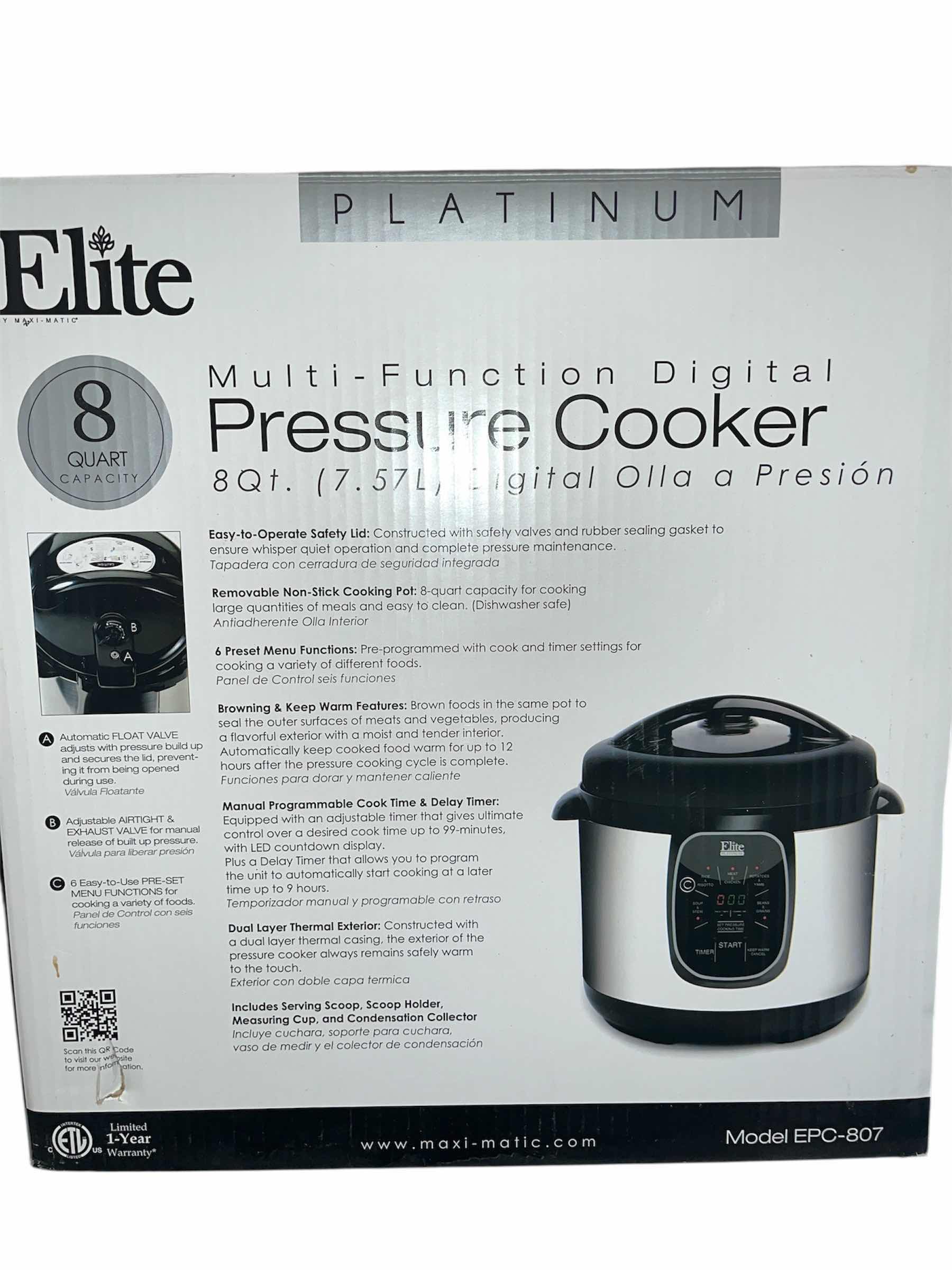Photo 1 of ELITE PLATINUM 8QT MULTI FUNCTIONAL DIGITAL PRESSURE COOKER MODEL EPC-807