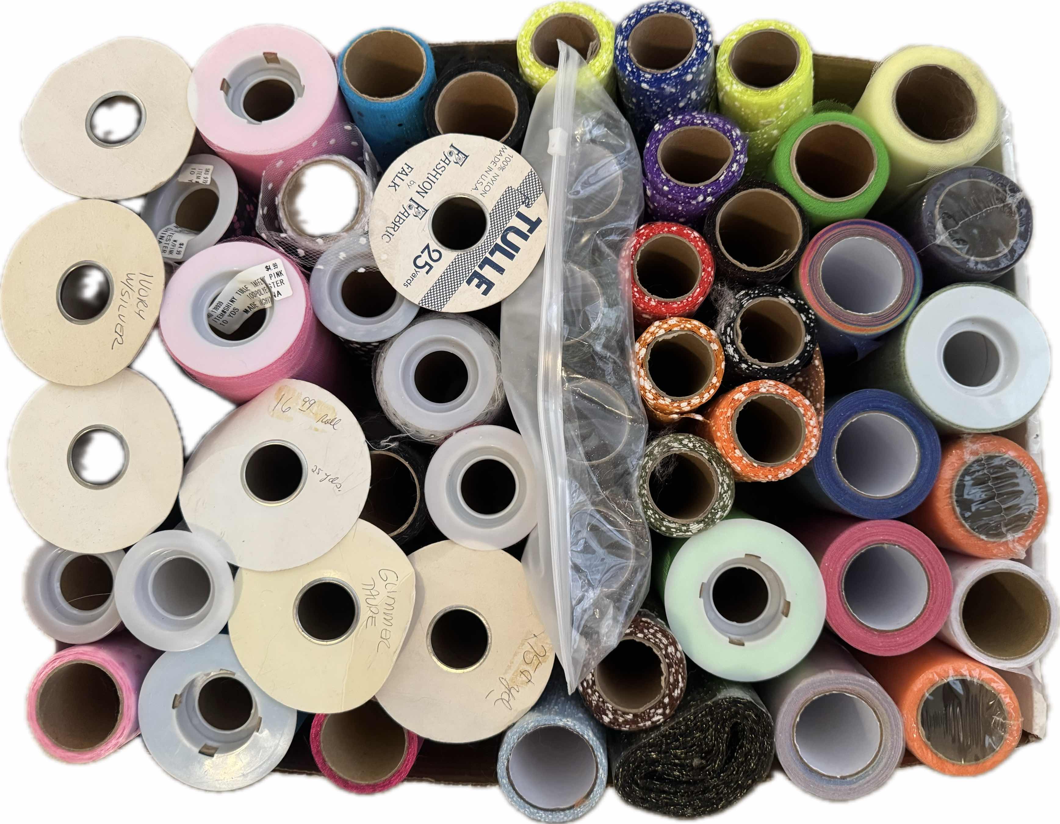 Photo 1 of BOX OF ASSORTED THREAD, YARN, TULLE, MULTICOLOR