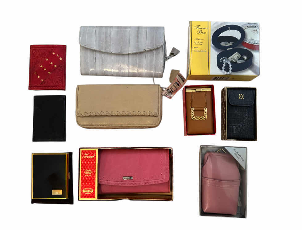 Photo 1 of ASSORTED WOMENS WALLETS AND JEWELRY BOX.
