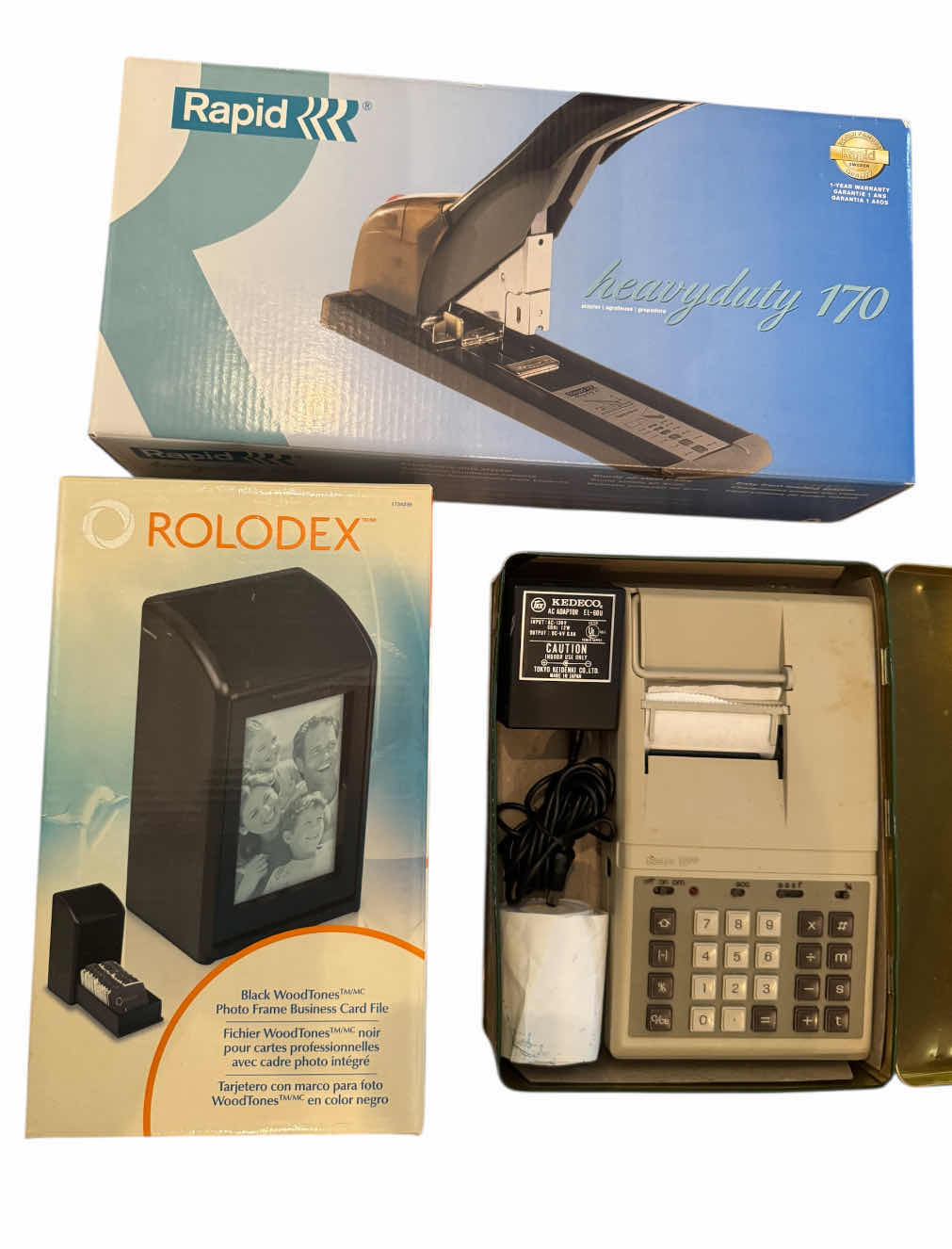 Photo 1 of VINTAGE OFFICE SUPPLIES, LABEL MAKERS, ROLODEX, HEAVY DUTY STAPLER, PRINTING CALCULATOR